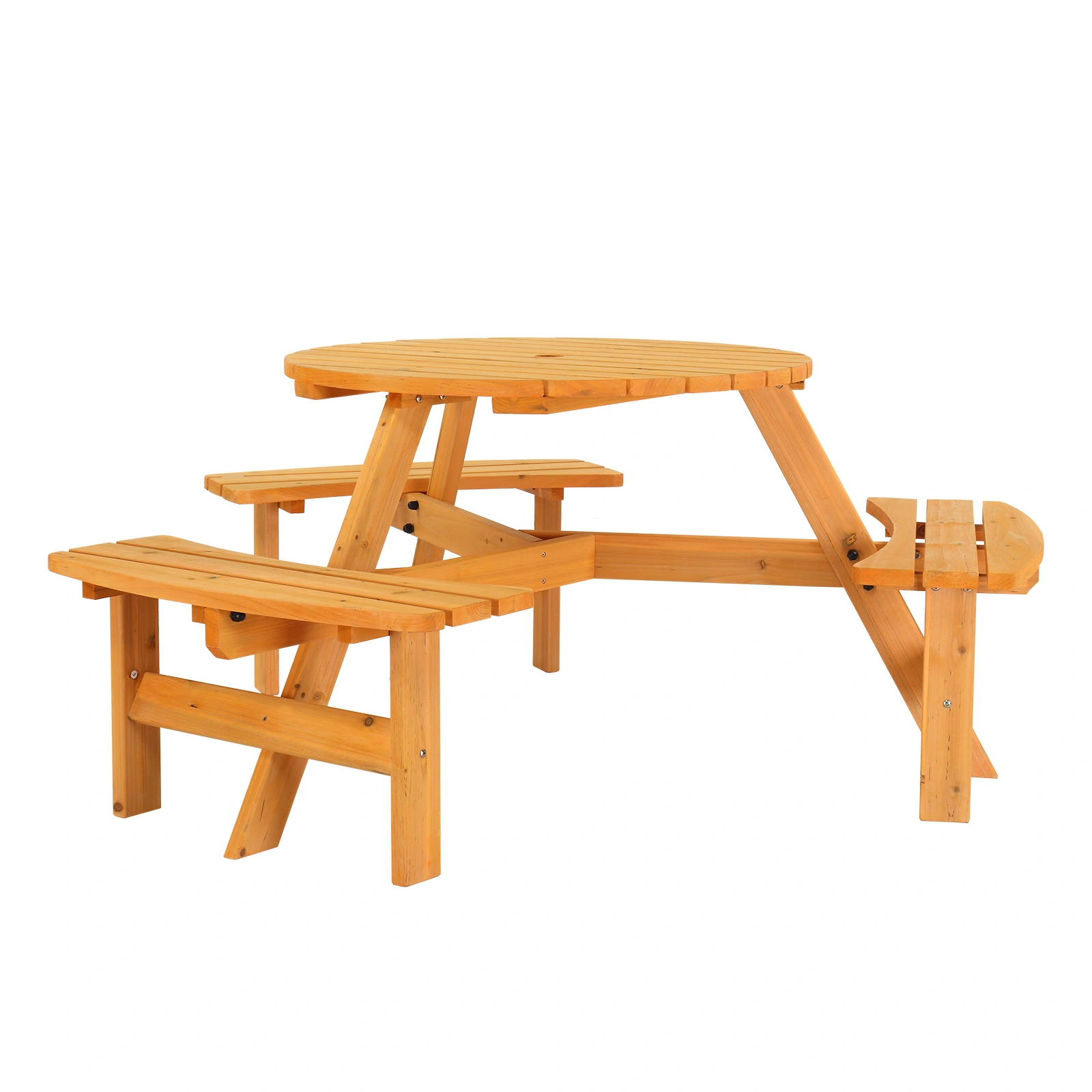6-Person Outdoor Circular Wooden Picnic Table with 3 Built-In Benches, Outside Table and Bench Set for Porch Backyard Patio Lawn Garden view 12