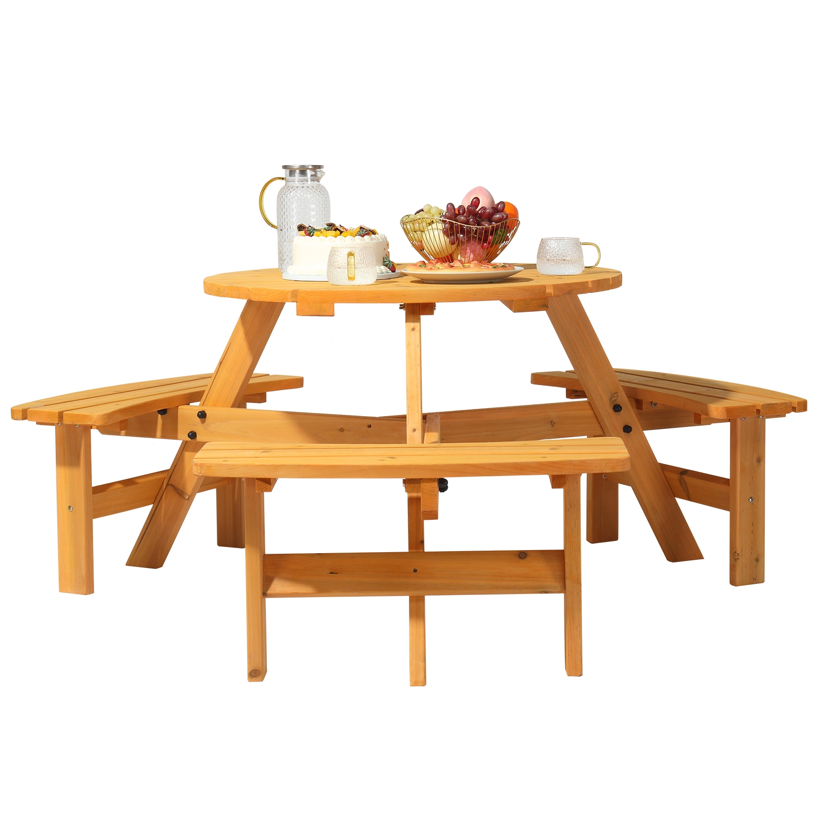 6-Person Outdoor Circular Wooden Picnic Table with 3 Built-In Benches, Outside Table and Bench Set for Porch Backyard Patio Lawn Garden view 13