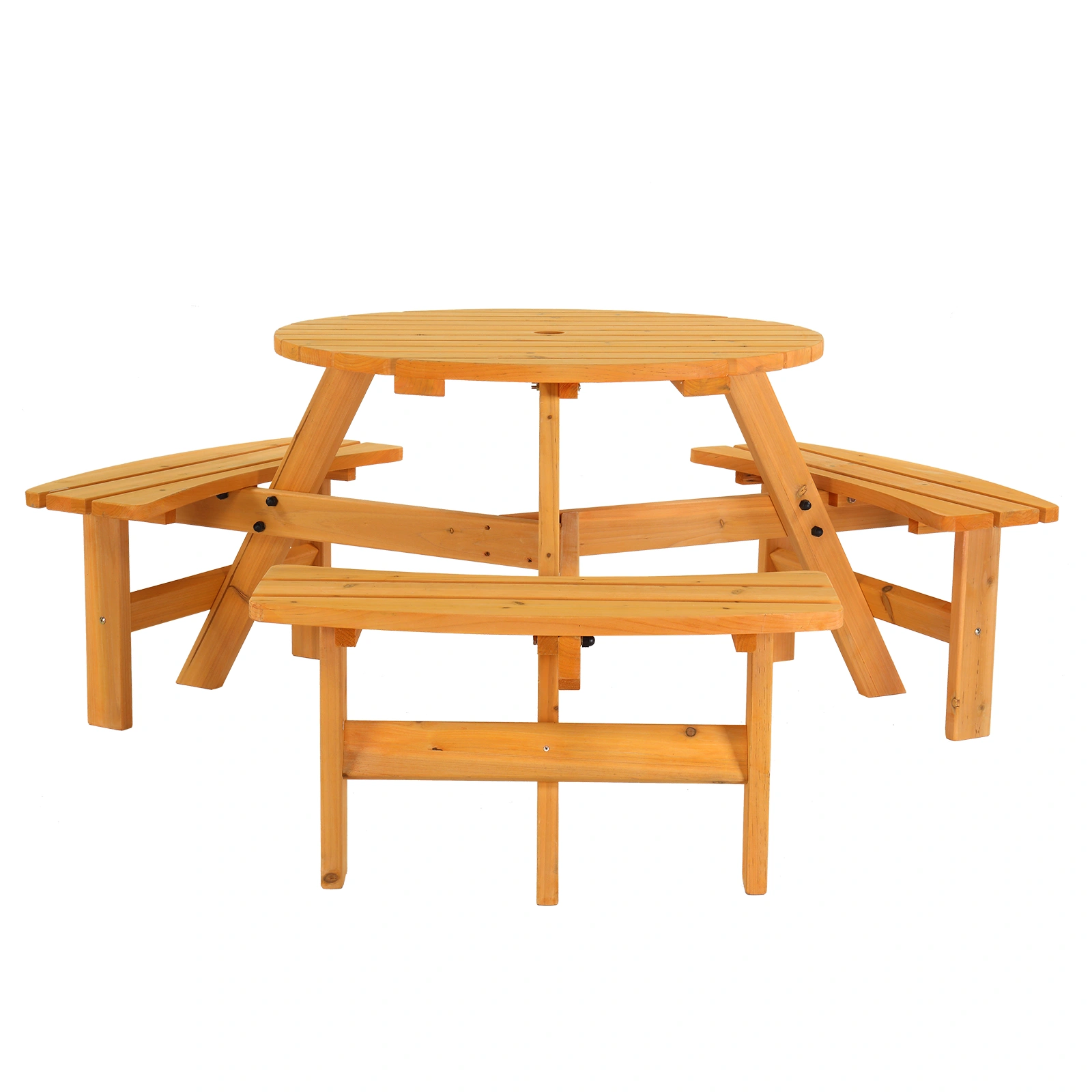 6-Person Outdoor Circular Wooden Picnic Table with 3 Built-In Benches, Outside Table and Bench Set for Porch Backyard Patio Lawn Garden view 14