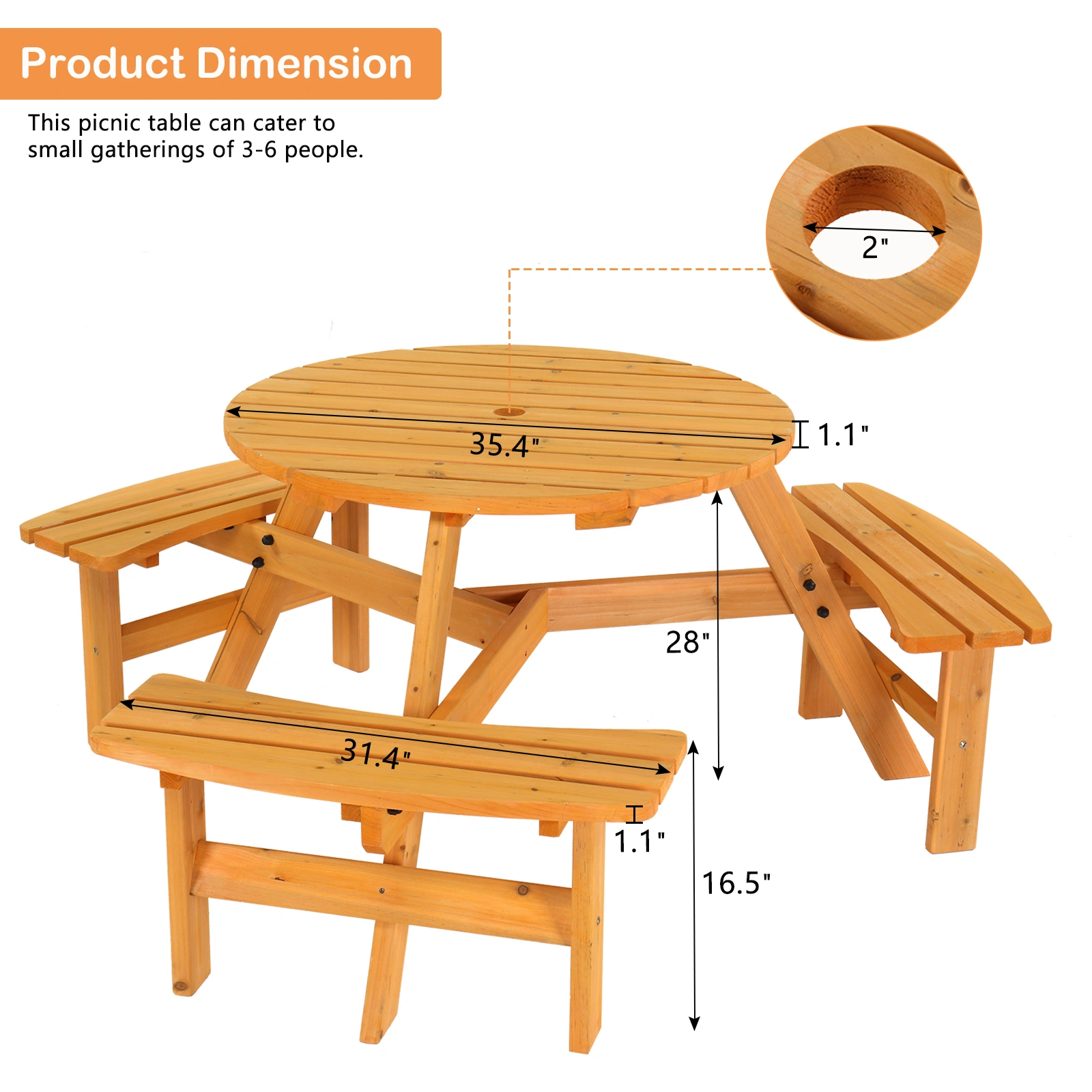 6-Person Outdoor Circular Wooden Picnic Table with 3 Built-In Benches, Outside Table and Bench Set for Porch Backyard Patio Lawn Garden view 7