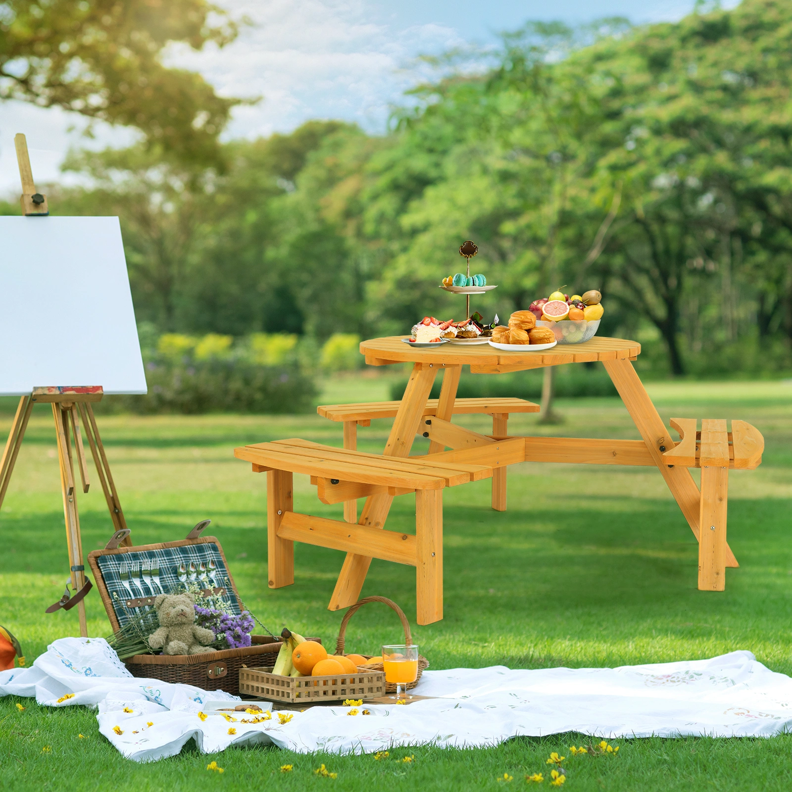 6-Person Outdoor Circular Wooden Picnic Table with 3 Built-In Benches, Outside Table and Bench Set for Porch Backyard Patio Lawn Garden view 8