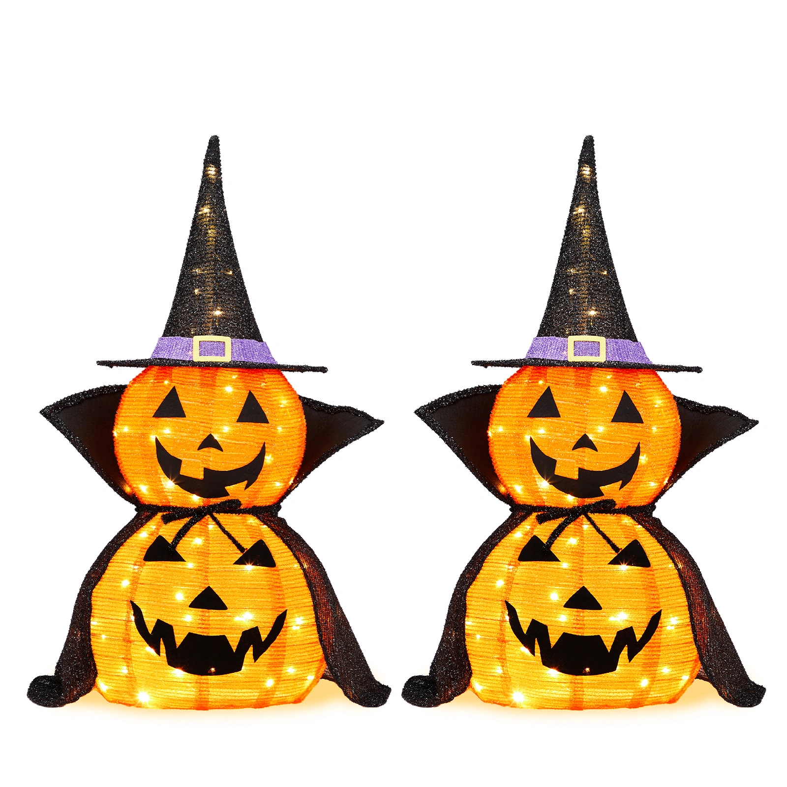 2 Pack 3FT Lighted Pumpkin Decorations, 176 LED Pop-Up Jack-O-Lantern with Cape & Metal Stand, Plug-In Halloween Collapsible Lamp for Indoor Outdoor Patio Yard Party Decor