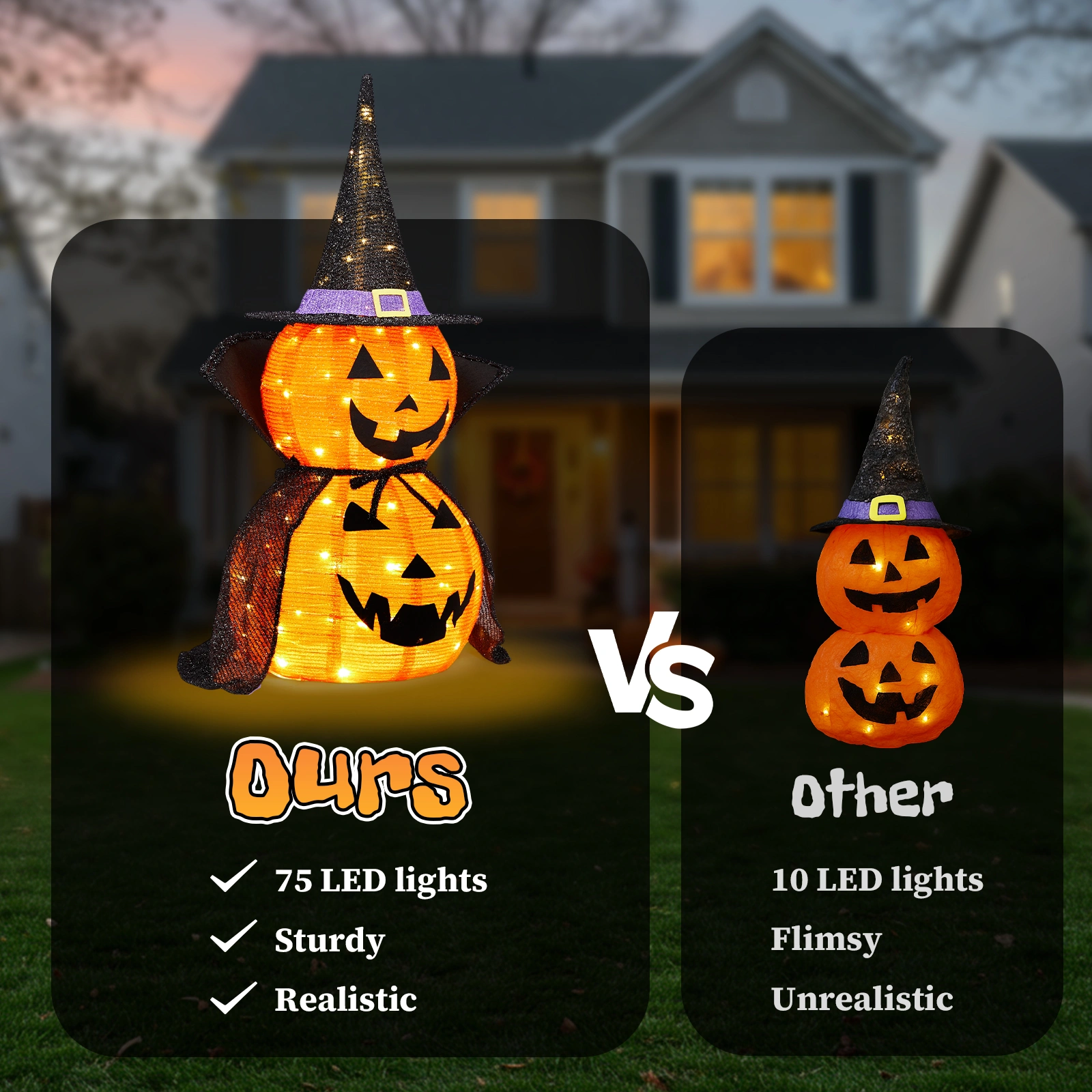 2 Pack 3FT Lighted Pumpkin Decorations, 176 LED Pop-Up Jack-O-Lantern with Cape & Metal Stand, Plug-In Halloween Collapsible Lamp for Indoor Outdoor Patio Yard Party Decor view 3