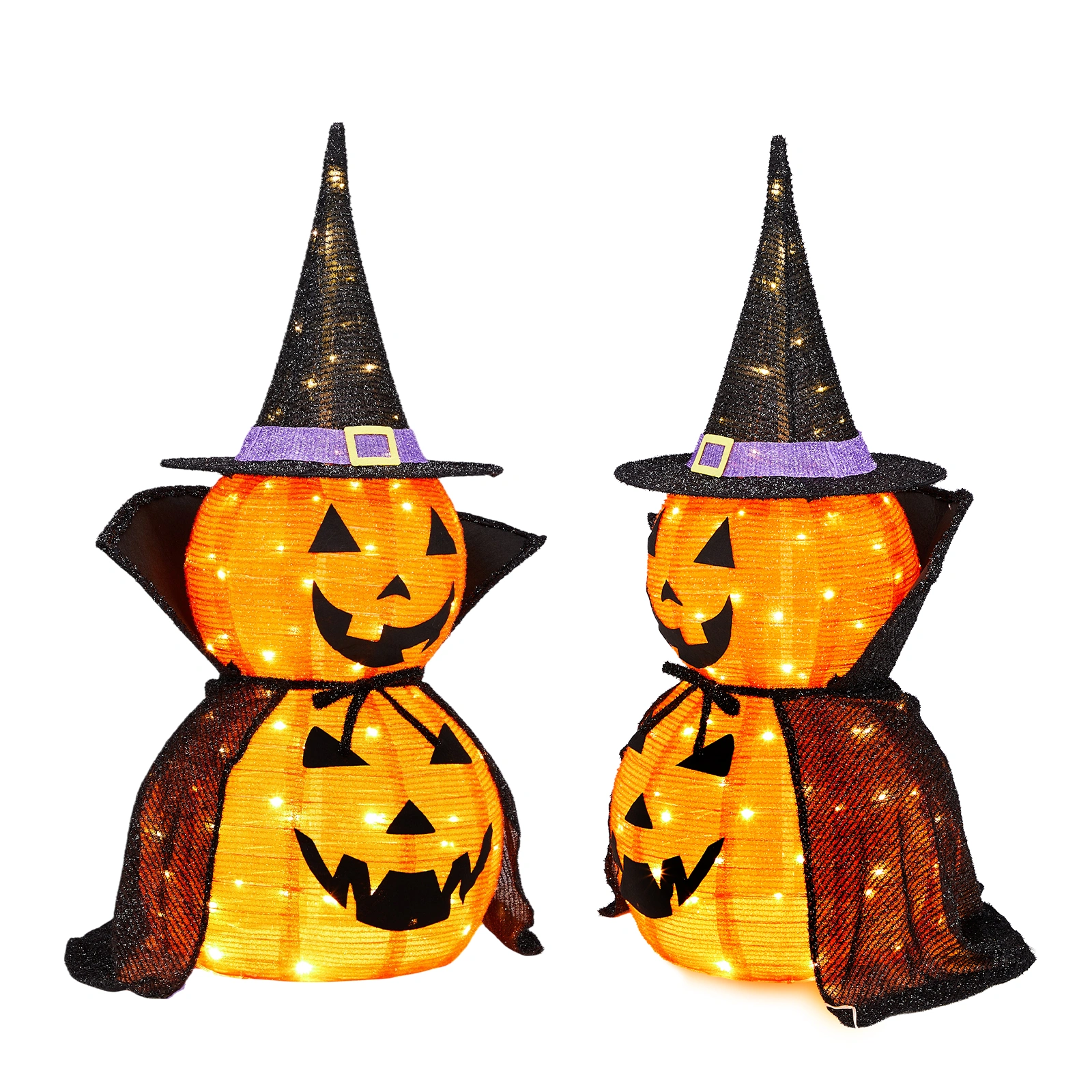 2 Pack 3FT Lighted Pumpkin Decorations, 176 LED Pop-Up Jack-O-Lantern with Cape & Metal Stand, Plug-In Halloween Collapsible Lamp for Indoor Outdoor Patio Yard Party Decor view 7