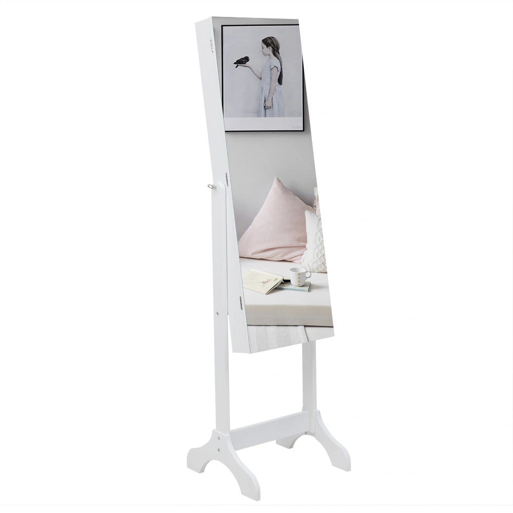 White Floor Standing Full Length Mirror, Wooden 4-Shelf Jewelry Cabinet with Inner Mirror, 2 Drawers, Adjustable Mirror Storage Organizer