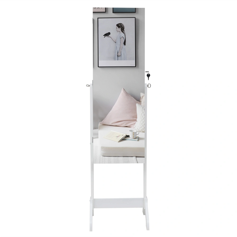 White Floor Standing Full Length Mirror, Wooden 4-Shelf Jewelry Cabinet with Inner Mirror, 2 Drawers, Adjustable Mirror Storage Organizer view 2