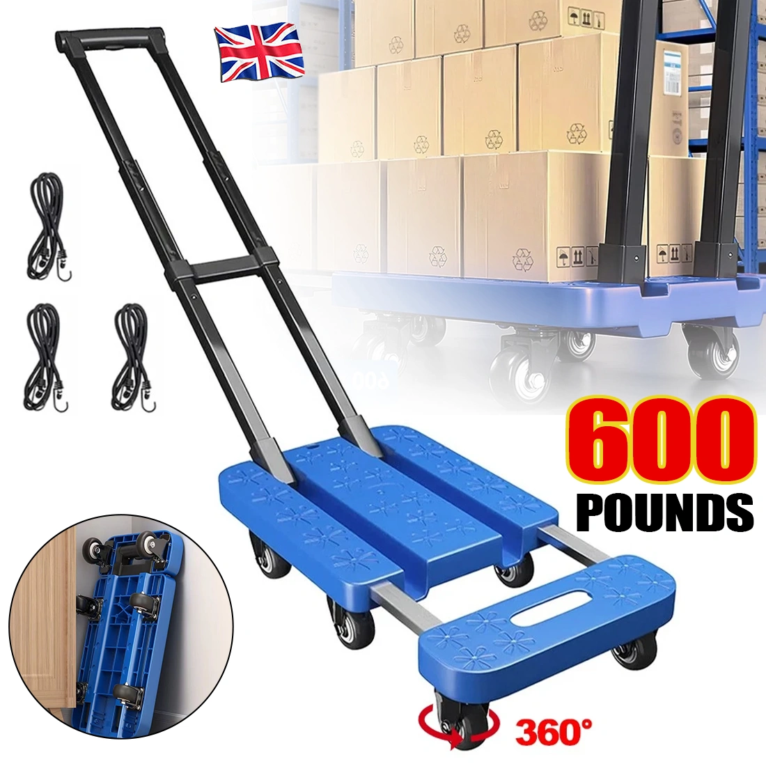 270KG Folding Hand Truck Dolly Trolley Cart - Heavy Duty Platform Luggage Moving Trolley with Wheels view 2