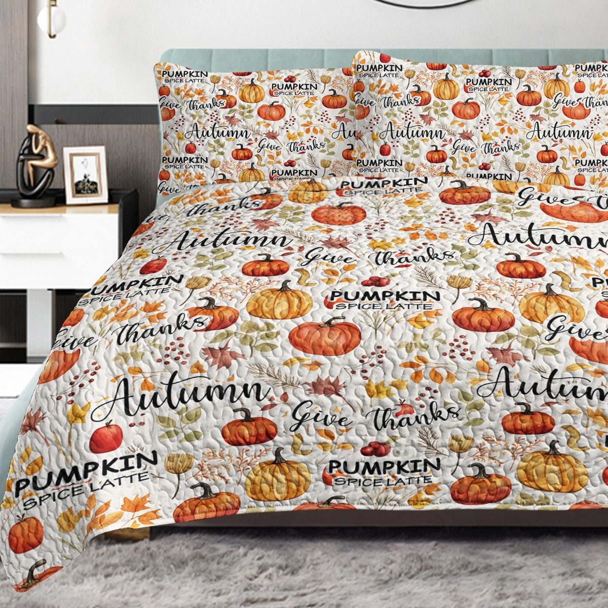 Pumpkin Autumn Leaves Quilt Set King Size - 3 Piece All Season Bedding with 2 Pillowcases, Thanksgiving Bedroom Decor for Kids Adults