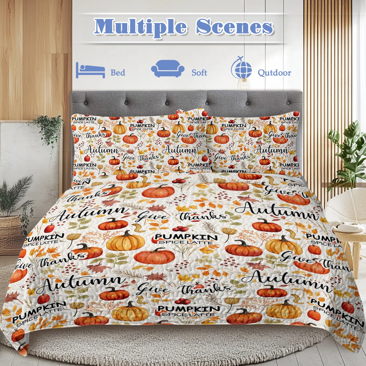 Pumpkin Autumn Leaves Quilt Set King Size - 3 Piece All Season Bedding with 2 Pillowcases, Thanksgiving Bedroom Decor for Kids Adults view 3