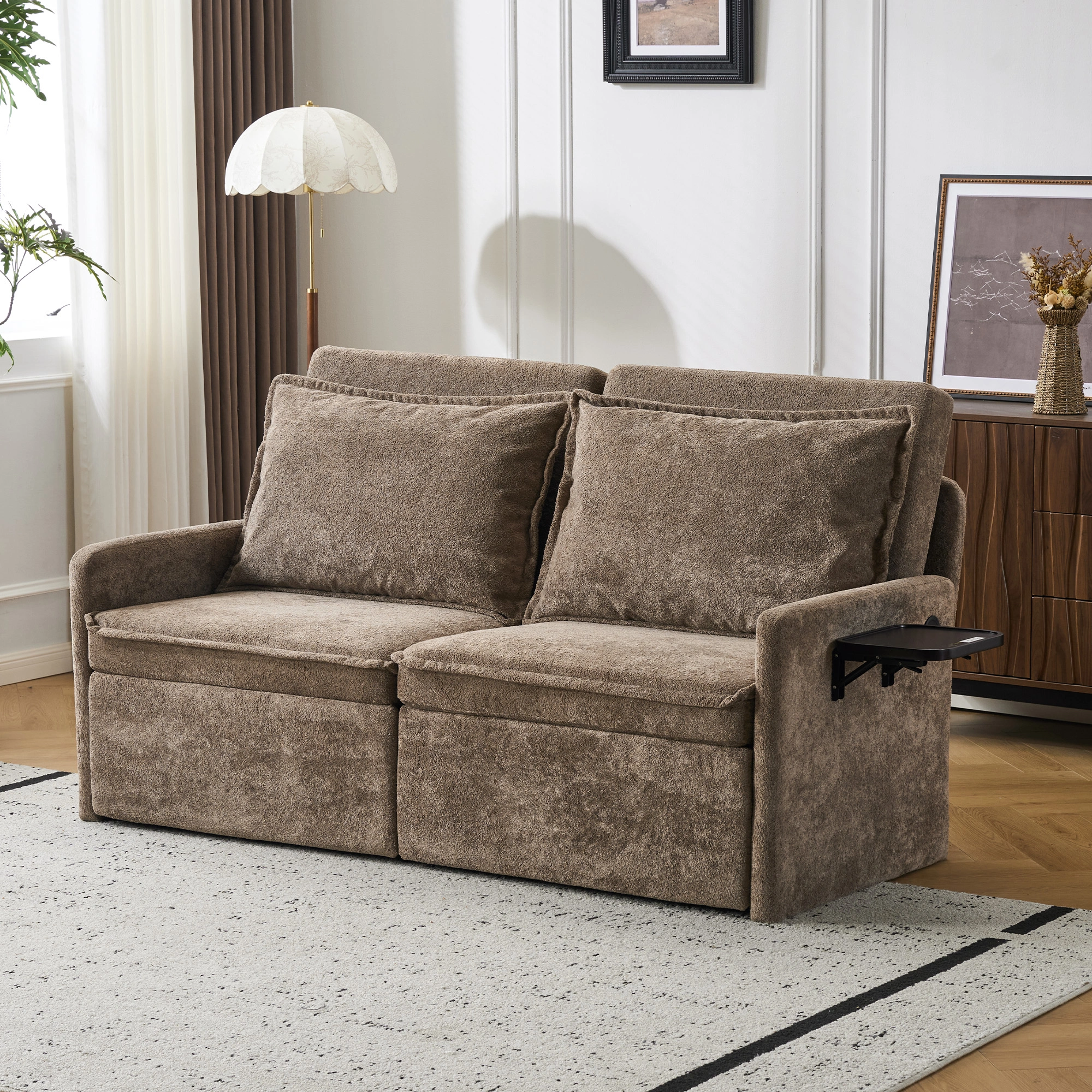 Sofa with Sleep Function Sleep Sofa with Cushions and USB, 3-in-1 Sofa&Couch with 5-Stage Adjustable Backrest, Foldable Sofa Bed with Storage, Chenille, Brown