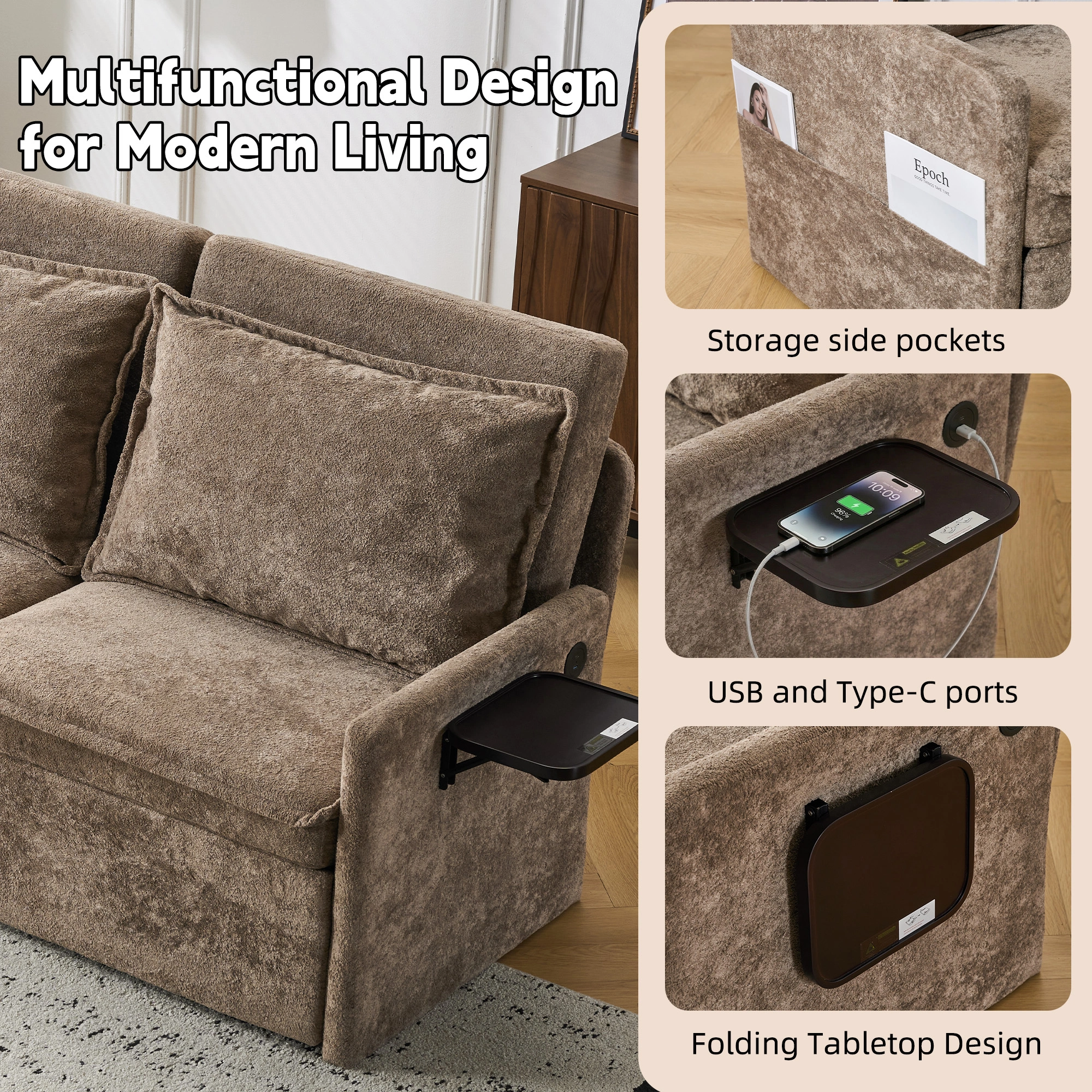 Sofa with Sleep Function Sleep Sofa with Cushions and USB, 3-in-1 Sofa&Couch with 5-Stage Adjustable Backrest, Foldable Sofa Bed with Storage, Chenille, Brown view 5