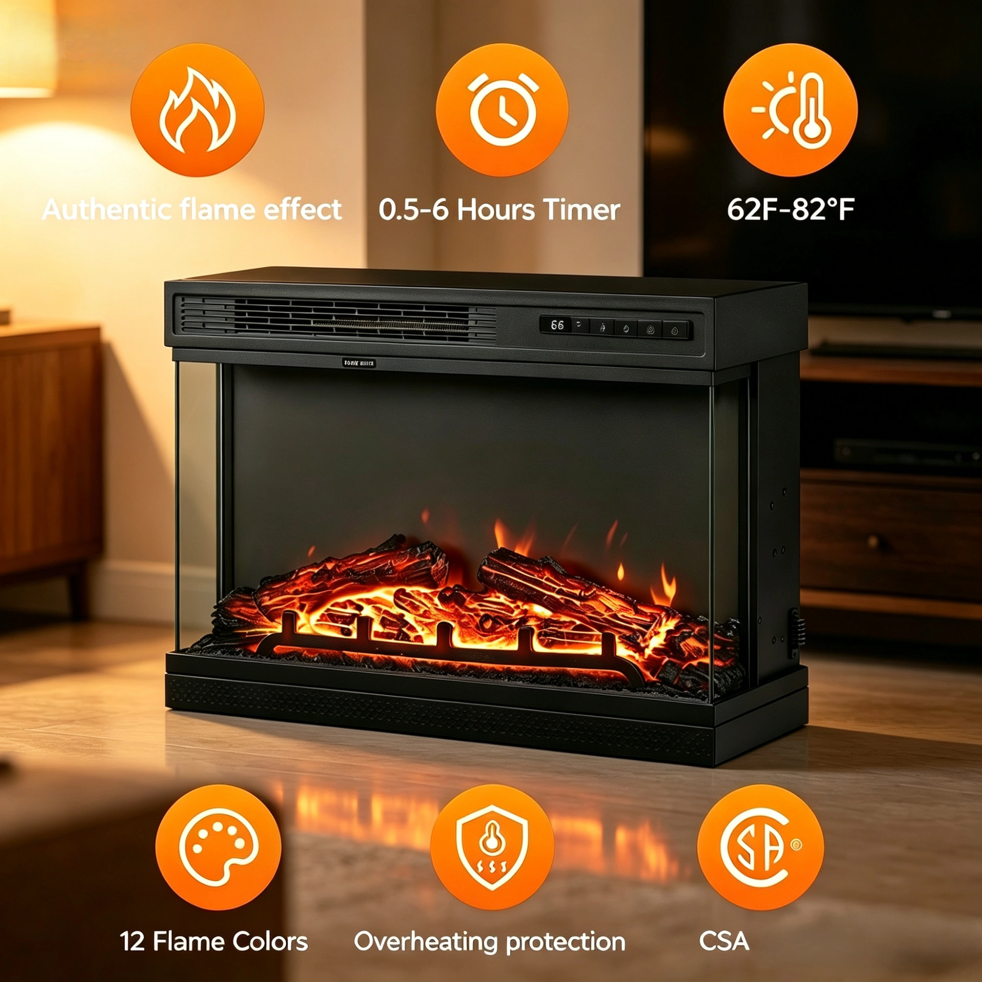 36 Inch Electric Fireplace Insert 1500W, Built-In Black Steel Fireplace Heater with 3-Side Glass, 5-Level Flame, 12 LED Colors, Remote, Thermostat & Timer, 120V view 4