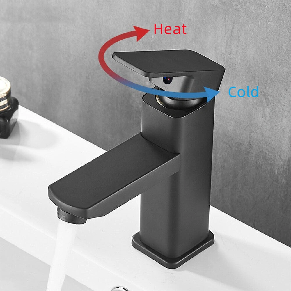 Black Square Waterfall Basin Mixer Tap, Large Mono Sink Tap with Waste for Bathroom Cloakroom UK
