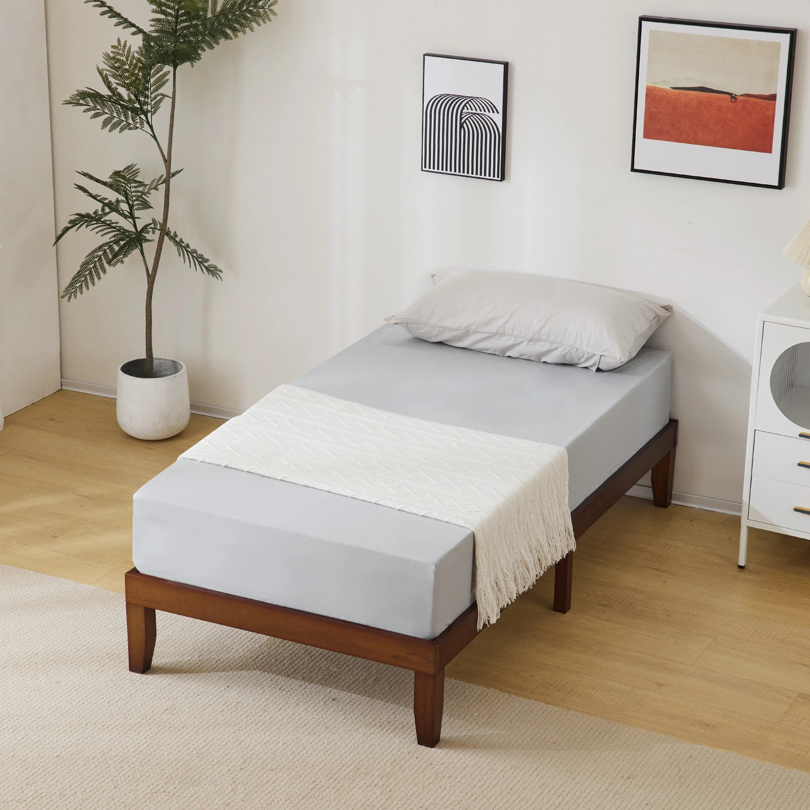 Basic bed frame, painted pine wood, brown, twin size, 189*96.5*30.5cm, wooden bed, single bed view 5