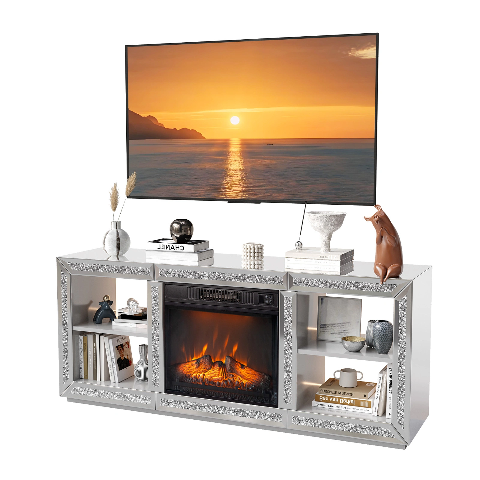 Silver Mirror Modern TV Stand with 18 Inch Fireplace Insert & Storage Shelves, Medium Density Fiberboard Fireplace TV Console for Living Room, 143 x 35 x 62 cm