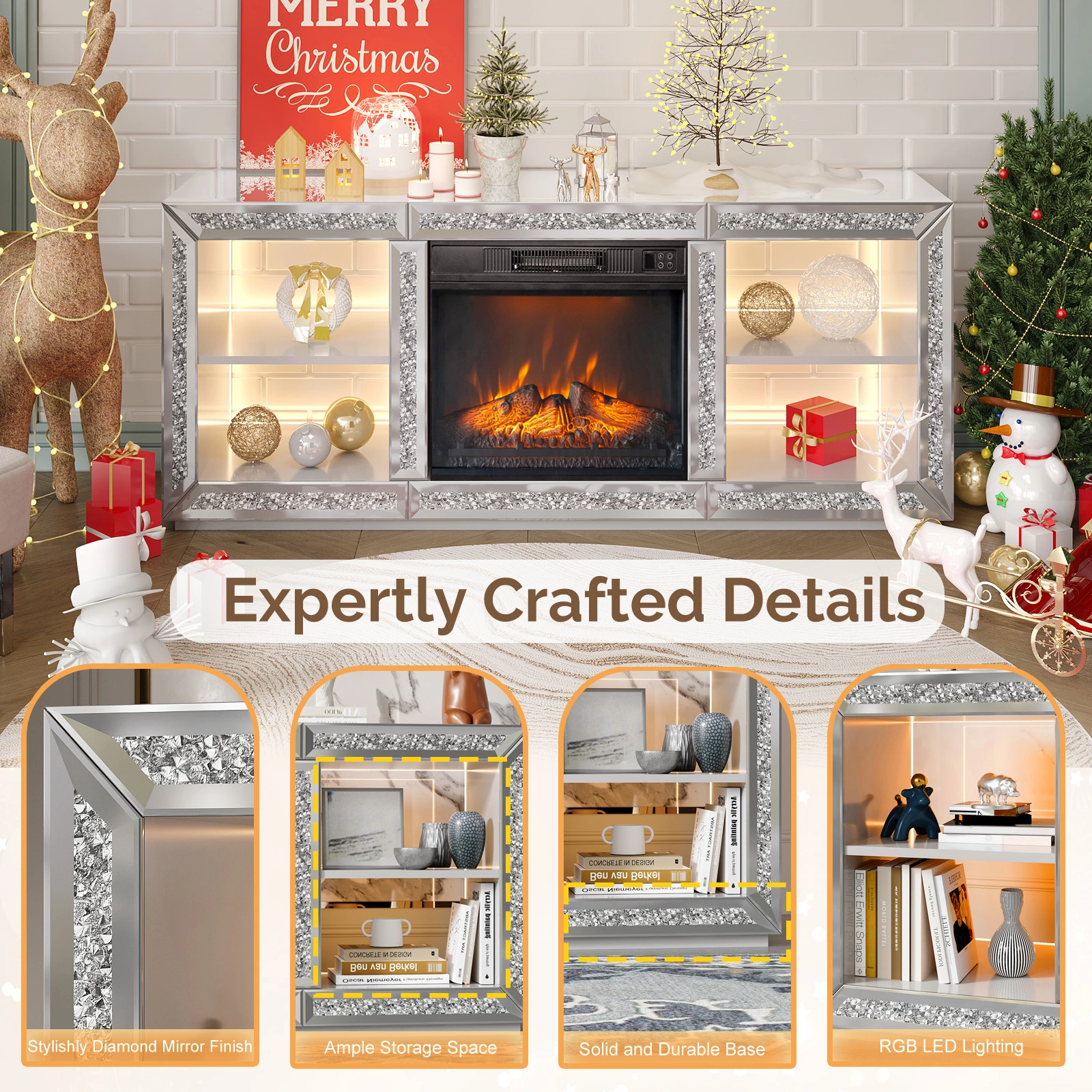 Silver Mirror Modern TV Stand with 18 Inch Fireplace Insert & Storage Shelves, Medium Density Fiberboard Fireplace TV Console for Living Room, 143 x 35 x 62 cm view 10
