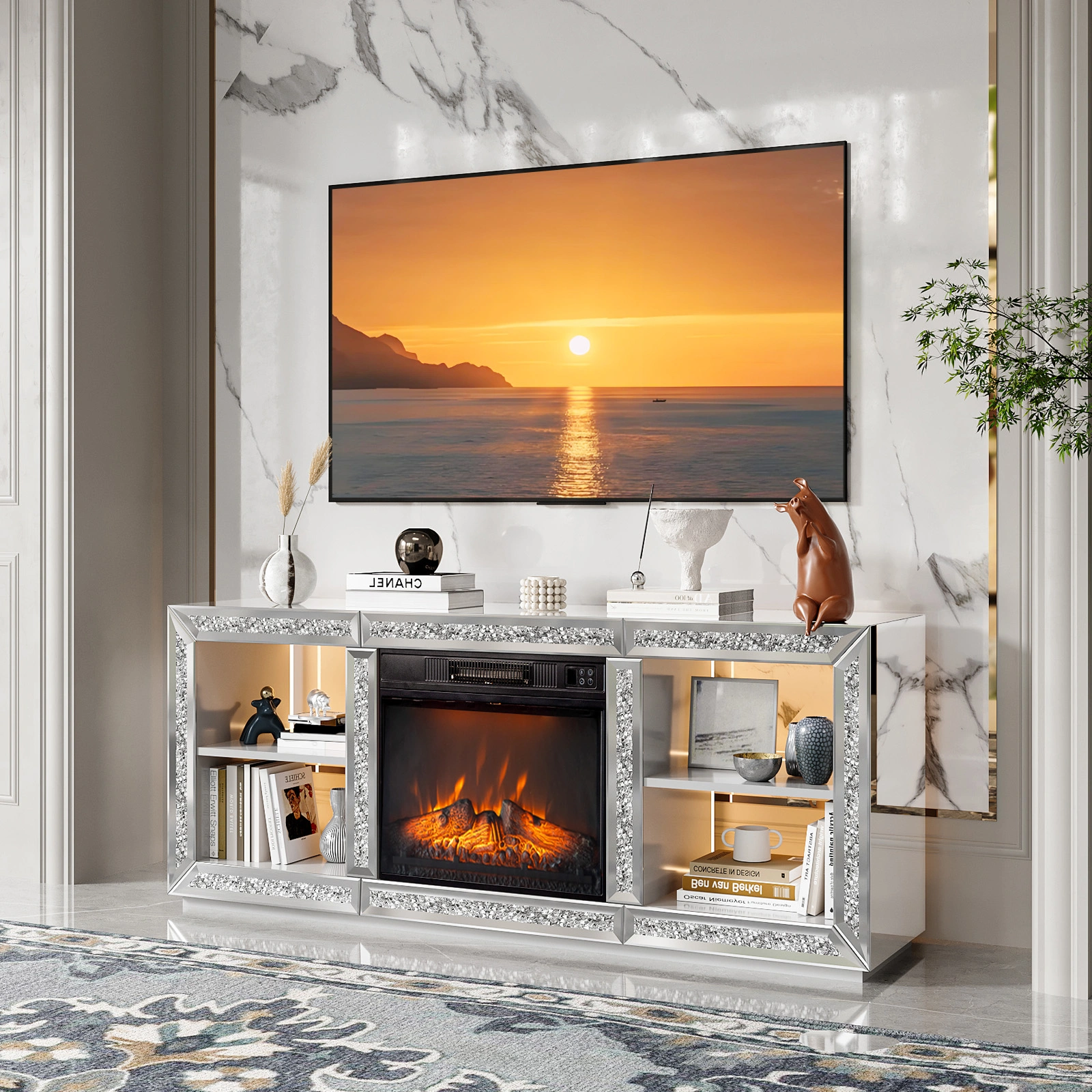 Silver Mirror Modern TV Stand with 18 Inch Fireplace Insert & Storage Shelves, Medium Density Fiberboard Fireplace TV Console for Living Room, 143 x 35 x 62 cm view 11