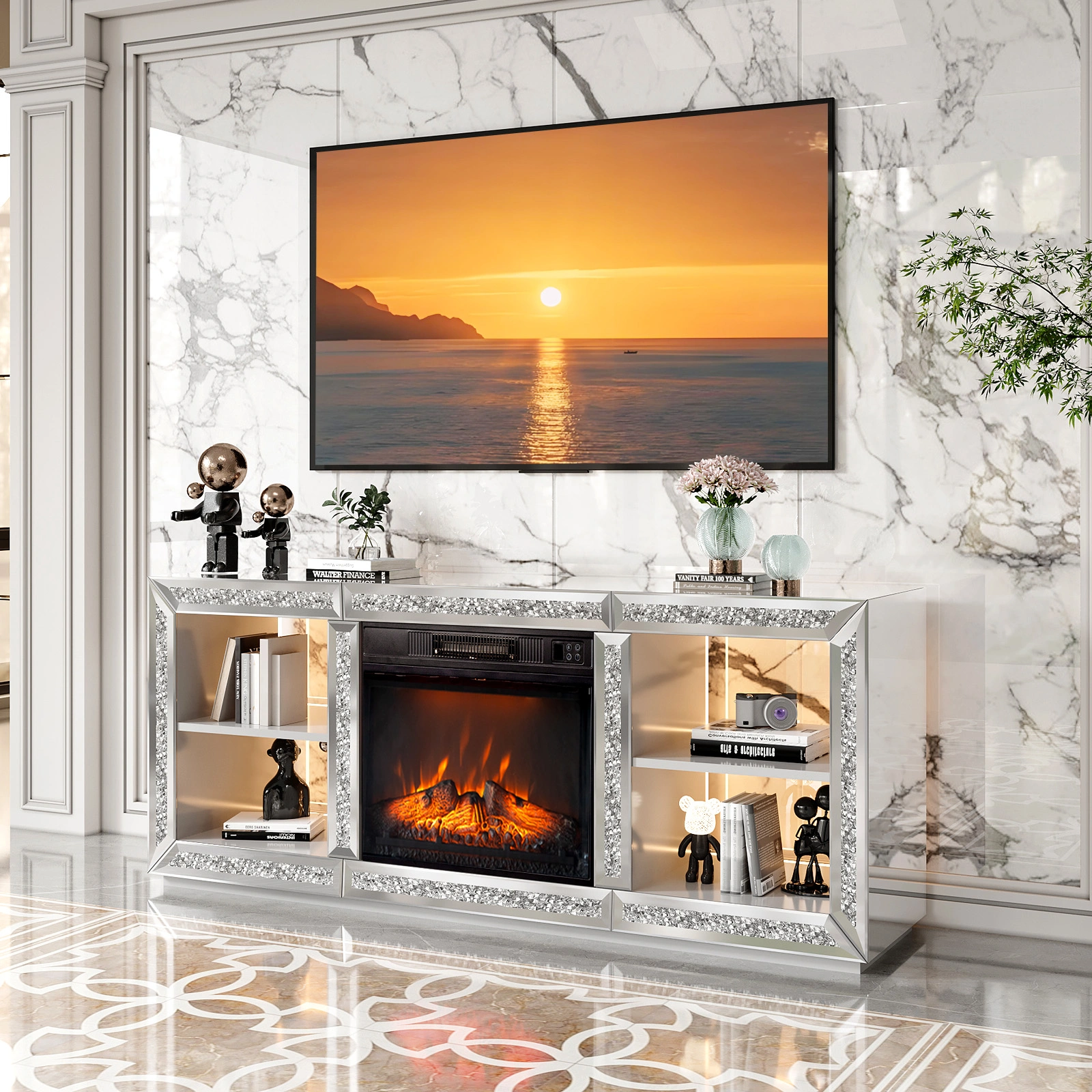 Silver Mirror Modern TV Stand with 18 Inch Fireplace Insert & Storage Shelves, Medium Density Fiberboard Fireplace TV Console for Living Room, 143 x 35 x 62 cm view 12