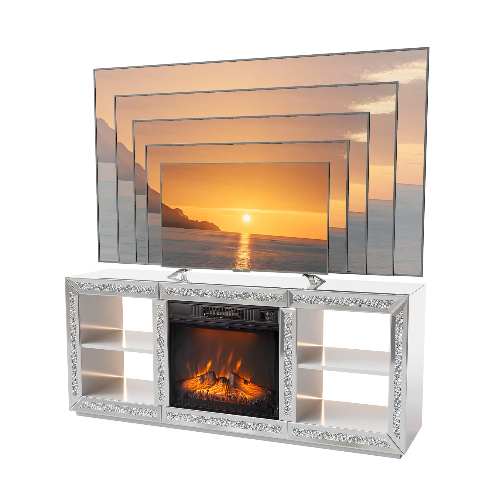 Silver Mirror Modern TV Stand with 18 Inch Fireplace Insert & Storage Shelves, Medium Density Fiberboard Fireplace TV Console for Living Room, 143 x 35 x 62 cm view 2