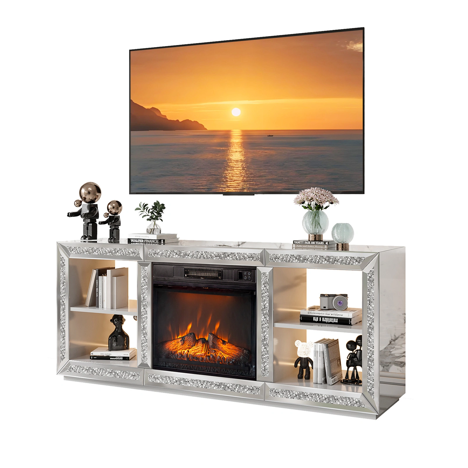 Silver Mirror Modern TV Stand with 18 Inch Fireplace Insert & Storage Shelves, Medium Density Fiberboard Fireplace TV Console for Living Room, 143 x 35 x 62 cm view 3