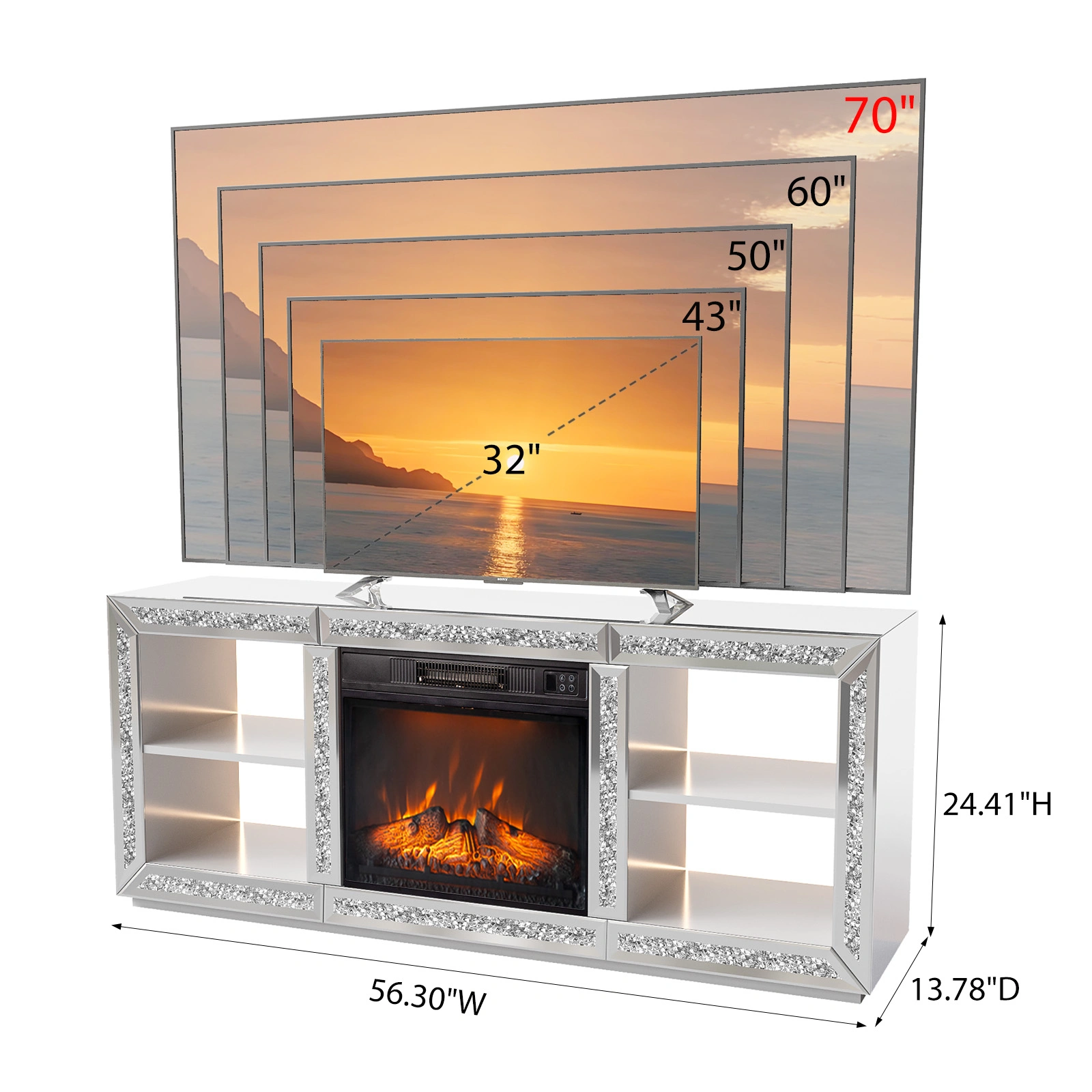 Silver Mirror Modern TV Stand with 18 Inch Fireplace Insert & Storage Shelves, Medium Density Fiberboard Fireplace TV Console for Living Room, 143 x 35 x 62 cm view 4
