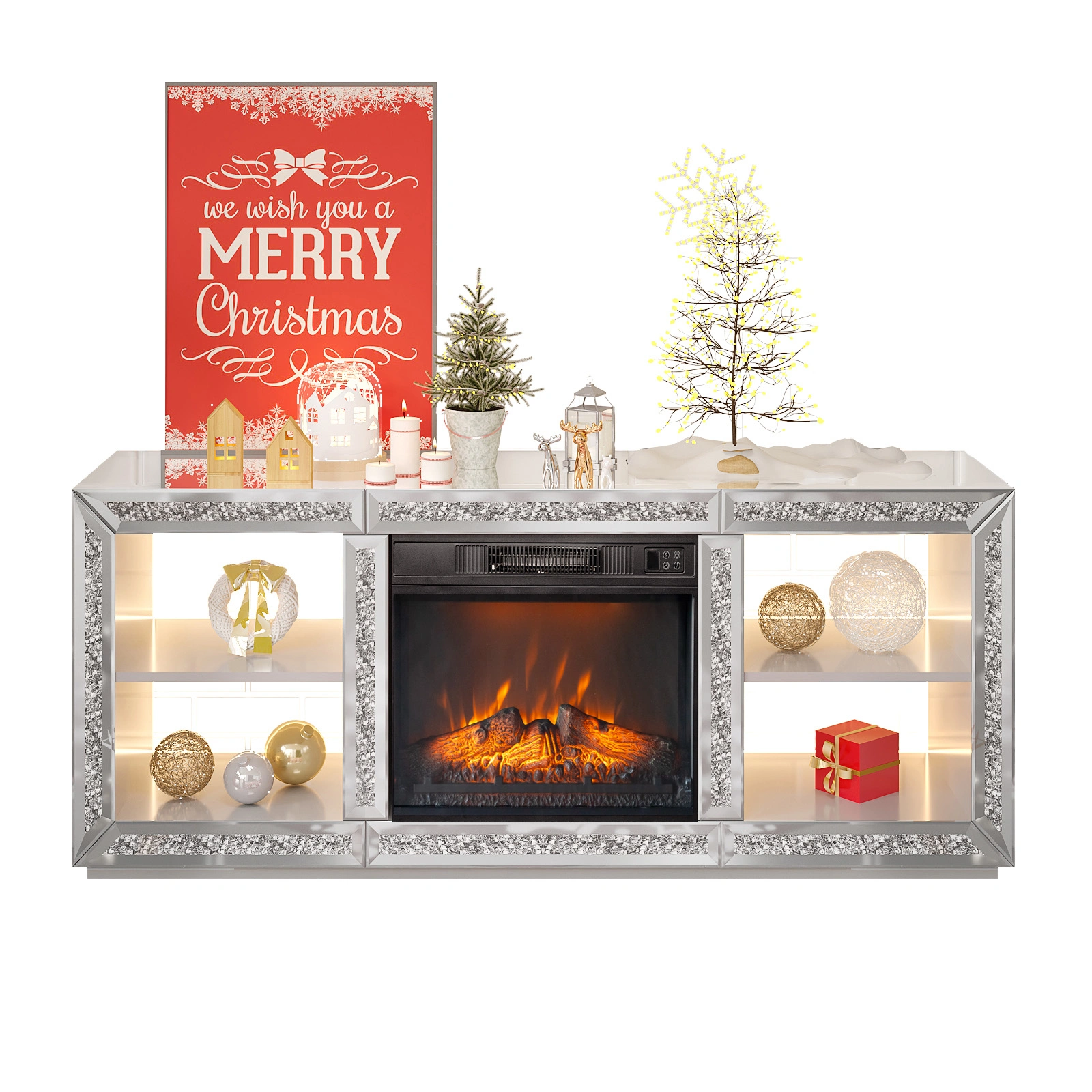 Silver Mirror Modern TV Stand with 18 Inch Fireplace Insert & Storage Shelves, Medium Density Fiberboard Fireplace TV Console for Living Room, 143 x 35 x 62 cm view 5