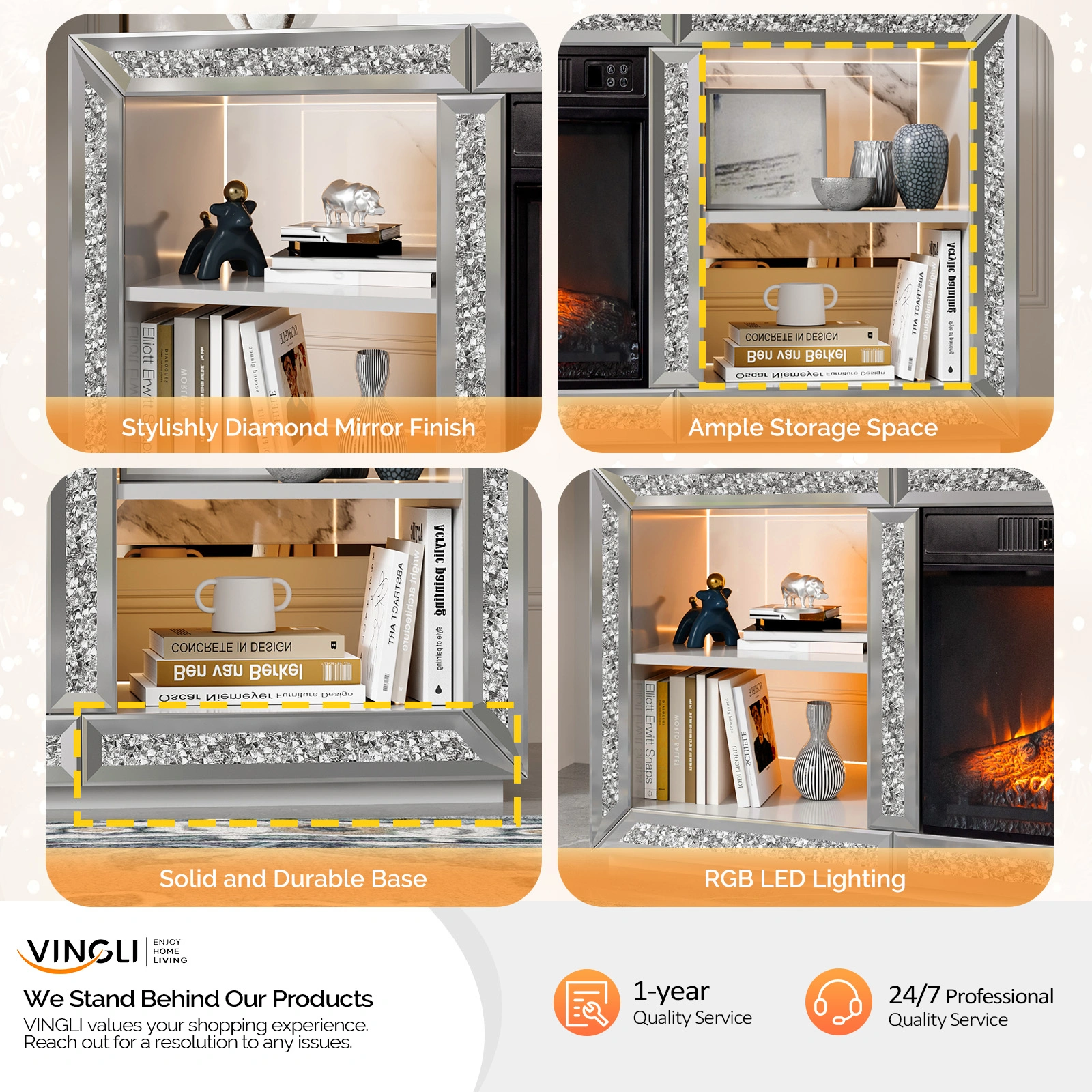 Silver Mirror Modern TV Stand with 18 Inch Fireplace Insert & Storage Shelves, Medium Density Fiberboard Fireplace TV Console for Living Room, 143 x 35 x 62 cm view 8