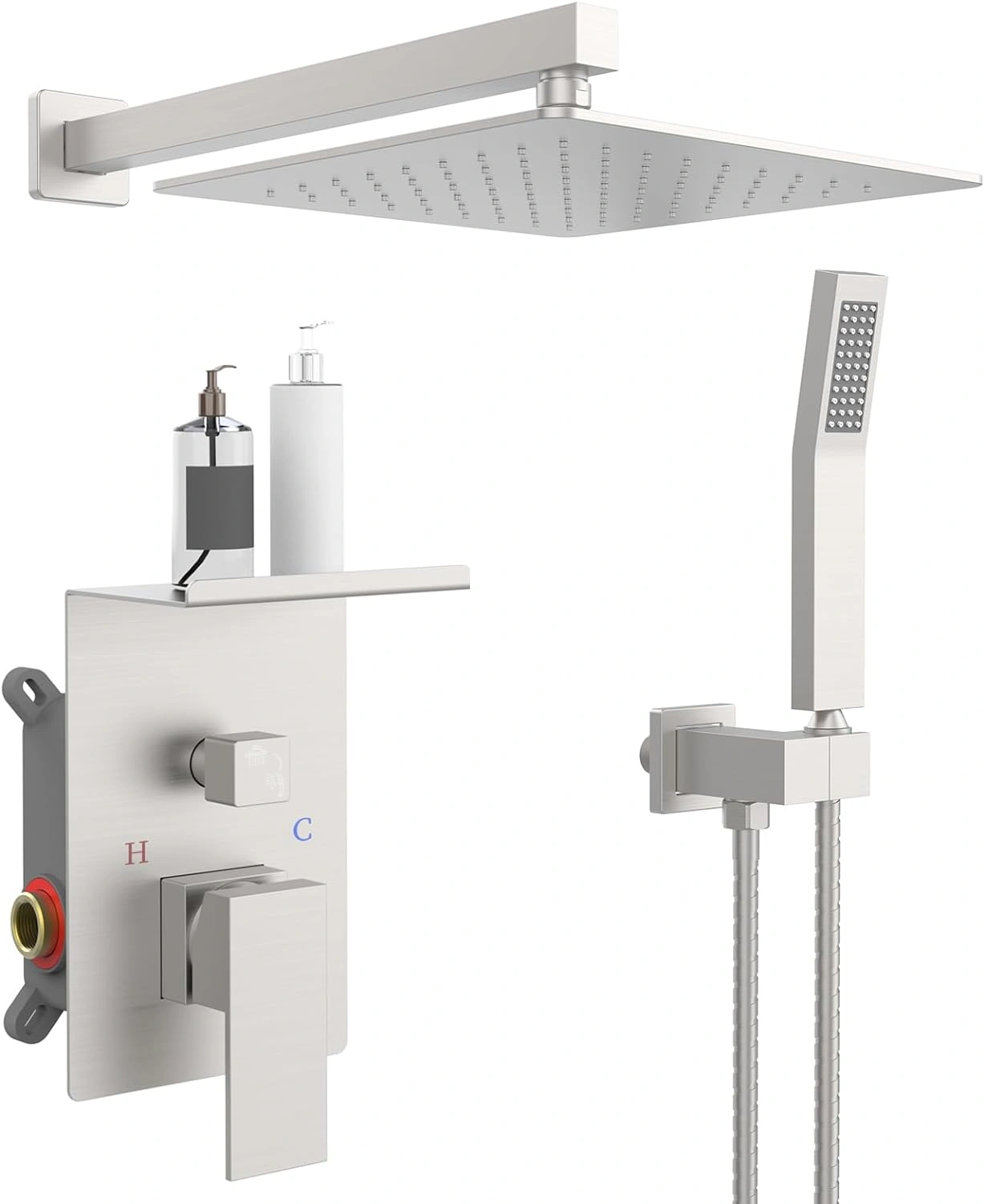 Rainfall Shower System With Storage Rack 10 inch Shower Faucet Set Matte Black with High Pressure with Square Shower Head Luxury Shower Set Wall Mount[Unable ship on weekends, TK/TEMU only for pickup, only TX10643 warehouse supports GOFO] w view 2