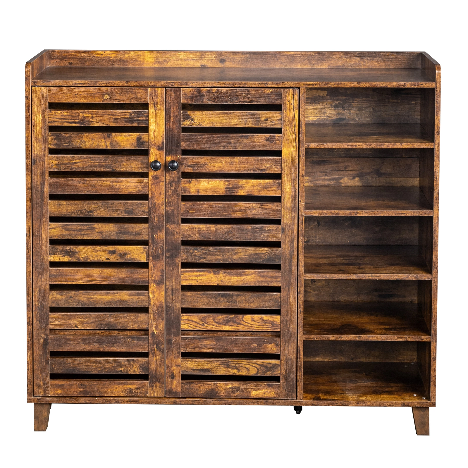 Shoe cabinet with 2 doors, 5 open compartments, and a tabletop with a back panel; made of MDF; 116*35.5*107cm; weathered wood color view 11