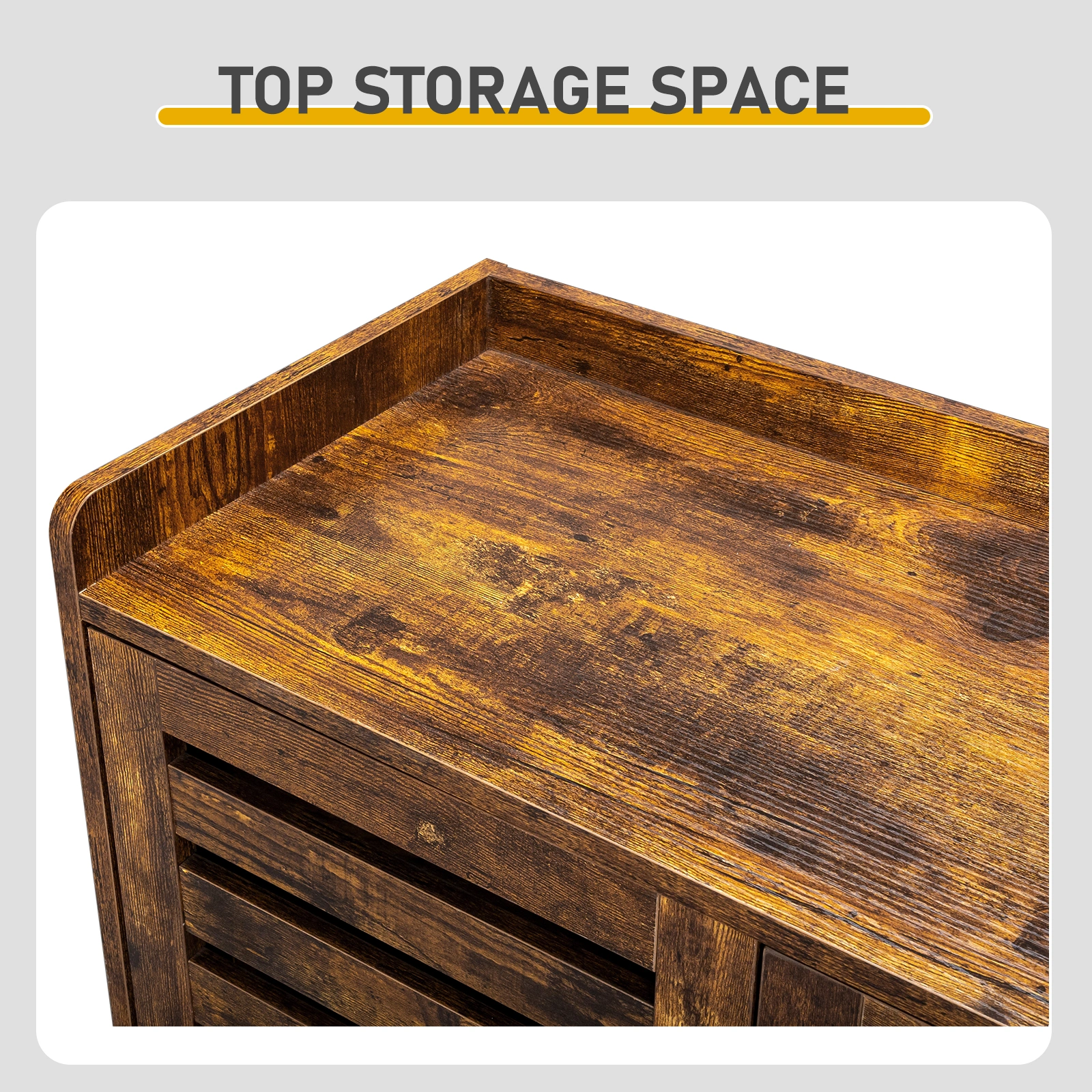 Shoe cabinet with 2 doors, 5 open compartments, and a tabletop with a back panel; made of MDF; 116*35.5*107cm; weathered wood color view 9