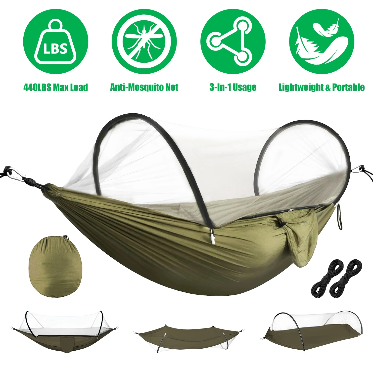 3-in-1 Camping Hammock with Automatic Pop-Up Mosquito Net, Lightweight 70D Nylon Portable Hammock Supports 440lbs, Dual Zipper Outdoor Hammock for Camping Hiking Backpacking Beach Backyard