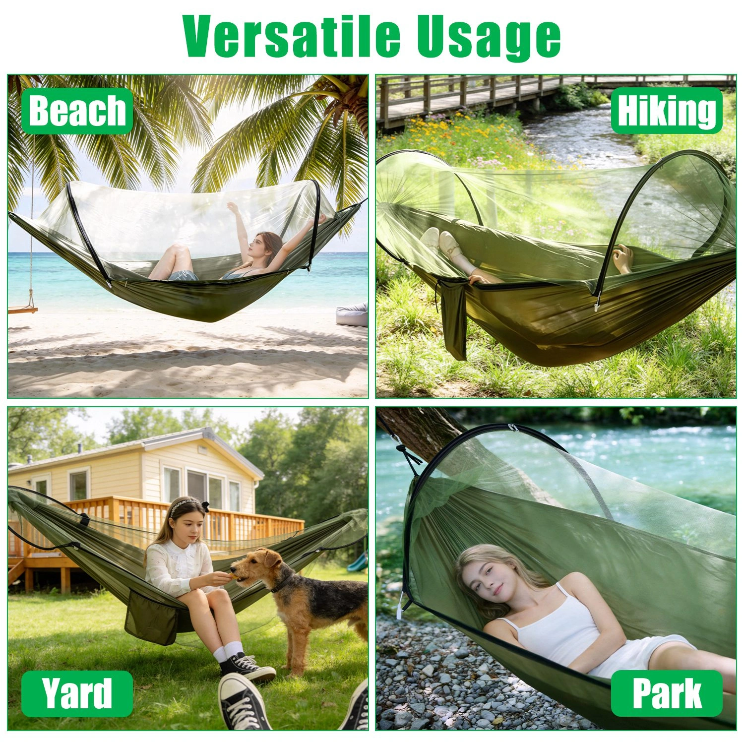 3-in-1 Camping Hammock with Automatic Pop-Up Mosquito Net, Lightweight 70D Nylon Portable Hammock Supports 440lbs, Dual Zipper Outdoor Hammock for Camping Hiking Backpacking Beach Backyard view 10