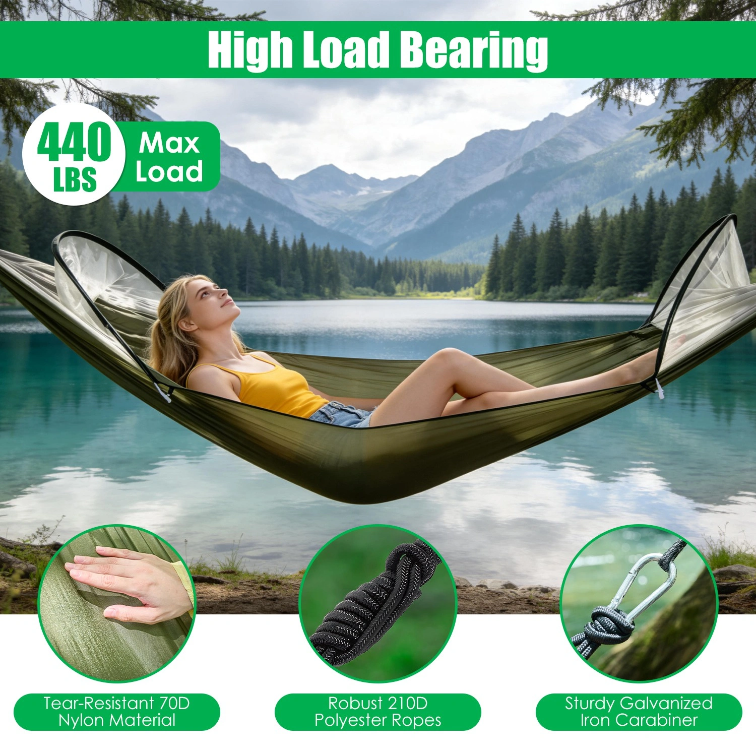 3-in-1 Camping Hammock with Automatic Pop-Up Mosquito Net, Lightweight 70D Nylon Portable Hammock Supports 440lbs, Dual Zipper Outdoor Hammock for Camping Hiking Backpacking Beach Backyard view 12