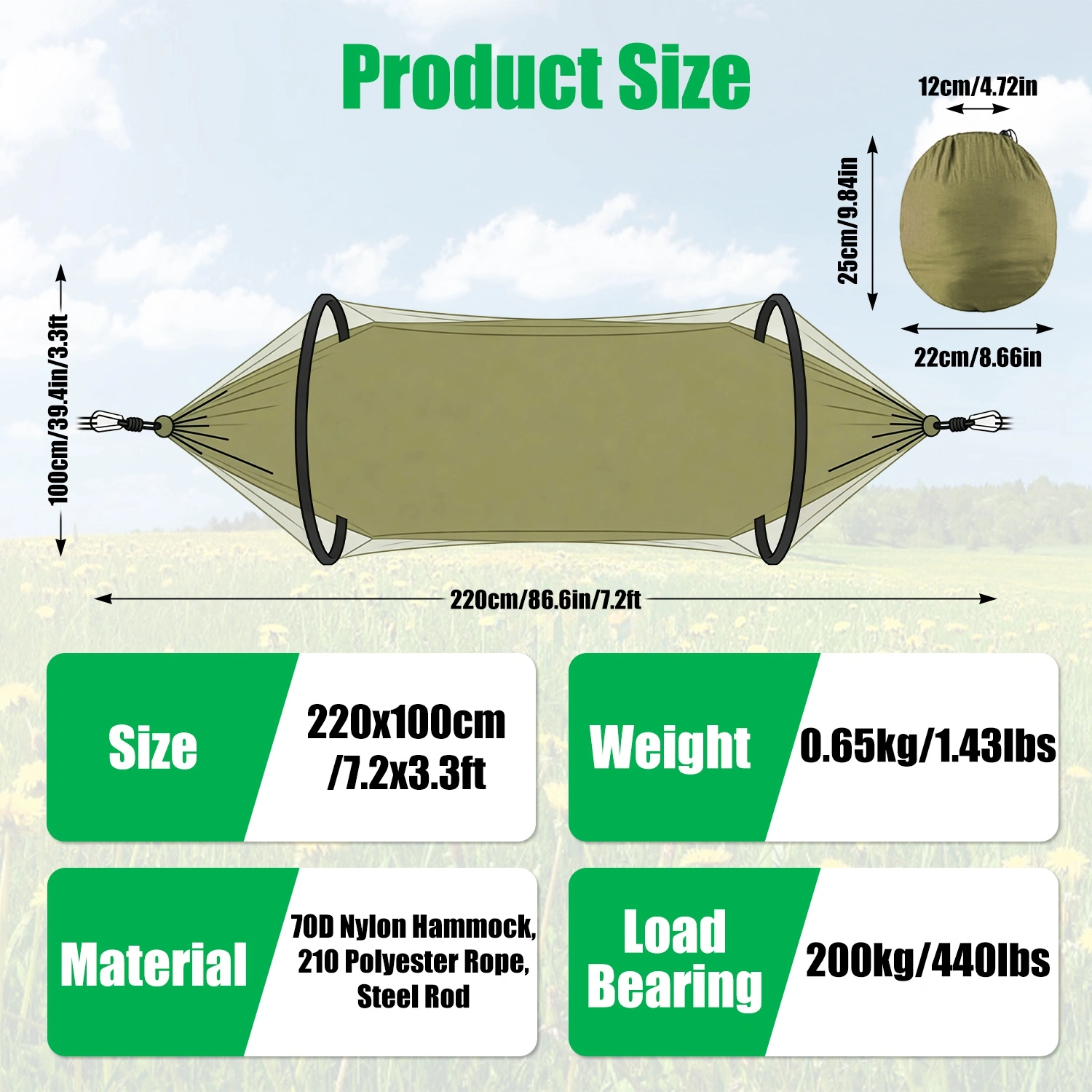 3-in-1 Camping Hammock with Automatic Pop-Up Mosquito Net, Lightweight 70D Nylon Portable Hammock Supports 440lbs, Dual Zipper Outdoor Hammock for Camping Hiking Backpacking Beach Backyard view 14