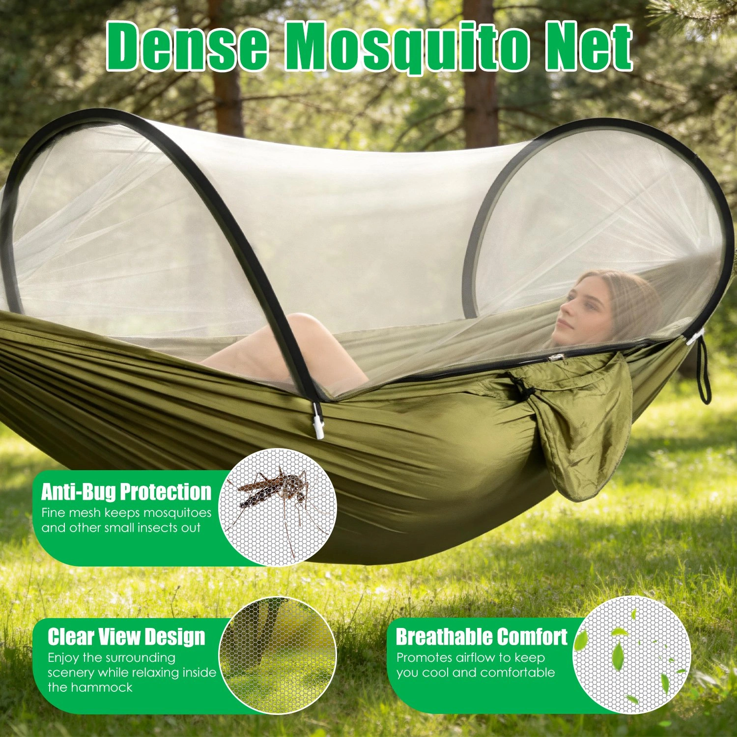 3-in-1 Camping Hammock with Automatic Pop-Up Mosquito Net, Lightweight 70D Nylon Portable Hammock Supports 440lbs, Dual Zipper Outdoor Hammock for Camping Hiking Backpacking Beach Backyard view 3