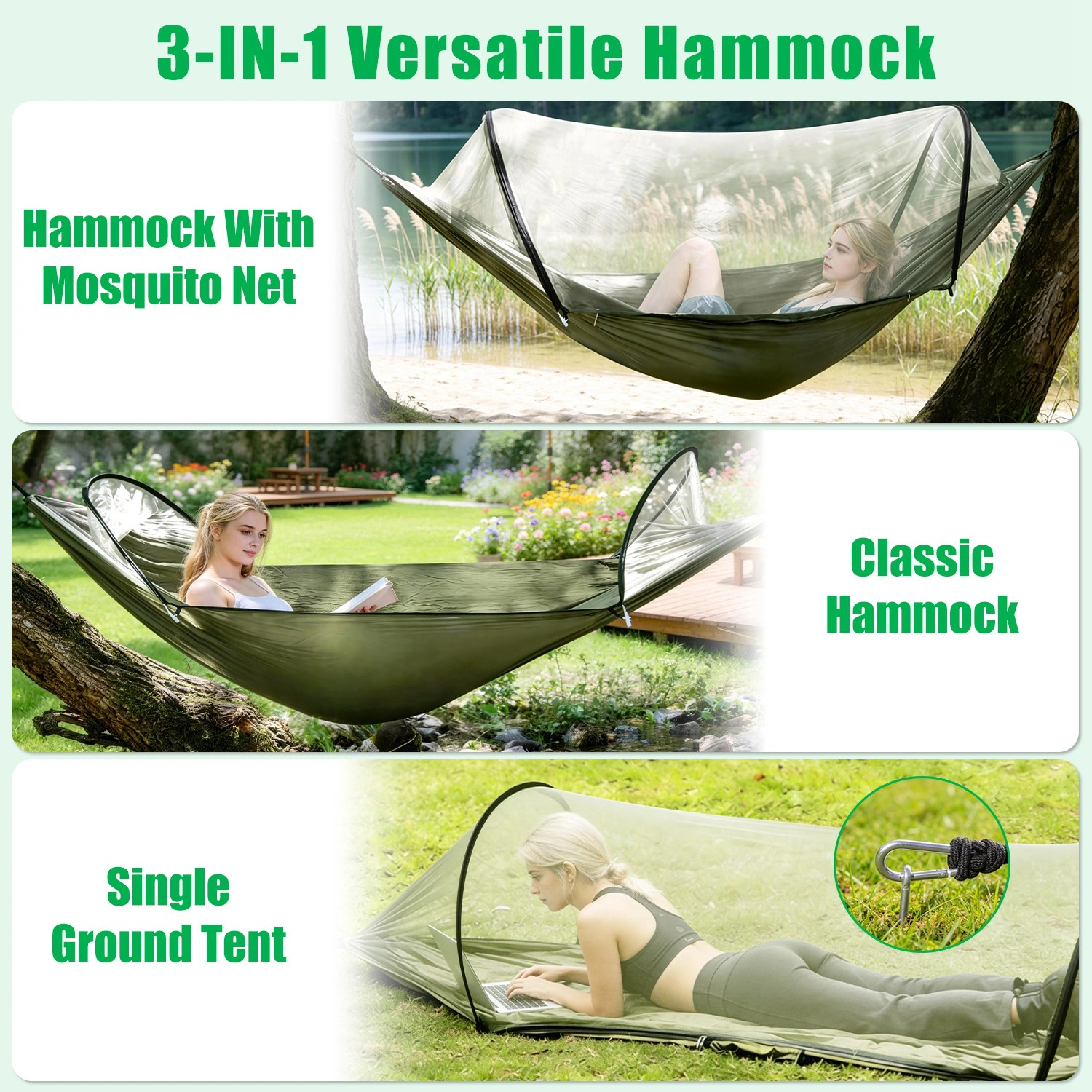 3-in-1 Camping Hammock with Automatic Pop-Up Mosquito Net, Lightweight 70D Nylon Portable Hammock Supports 440lbs, Dual Zipper Outdoor Hammock for Camping Hiking Backpacking Beach Backyard view 4