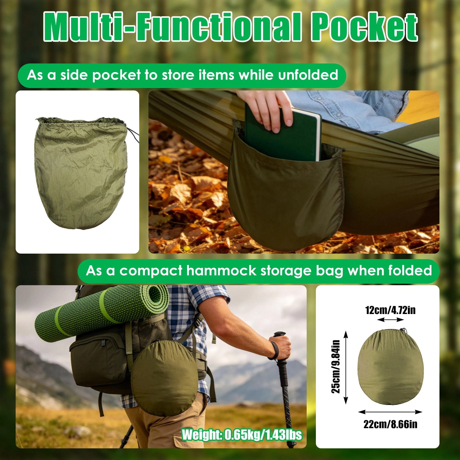 3-in-1 Camping Hammock with Automatic Pop-Up Mosquito Net, Lightweight 70D Nylon Portable Hammock Supports 440lbs, Dual Zipper Outdoor Hammock for Camping Hiking Backpacking Beach Backyard view 5