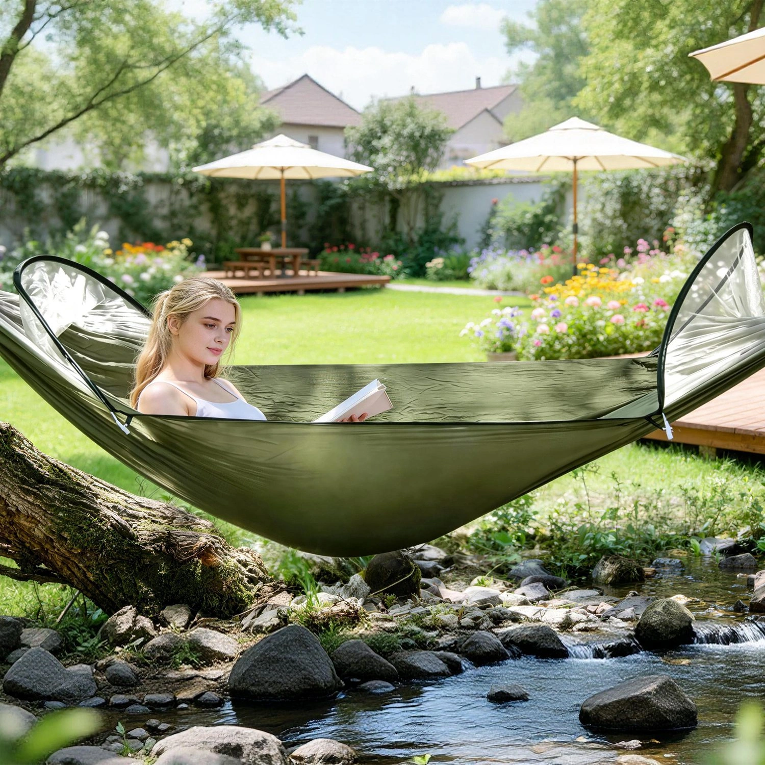 3-in-1 Camping Hammock with Automatic Pop-Up Mosquito Net, Lightweight 70D Nylon Portable Hammock Supports 440lbs, Dual Zipper Outdoor Hammock for Camping Hiking Backpacking Beach Backyard view 6