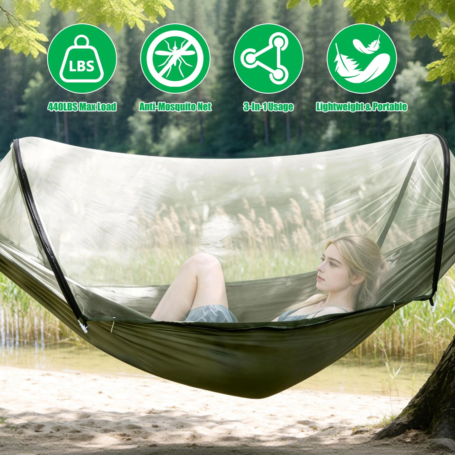 3-in-1 Camping Hammock with Automatic Pop-Up Mosquito Net, Lightweight 70D Nylon Portable Hammock Supports 440lbs, Dual Zipper Outdoor Hammock for Camping Hiking Backpacking Beach Backyard view 7