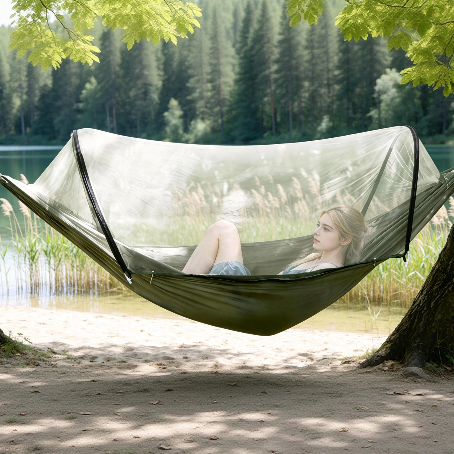 3-in-1 Camping Hammock with Automatic Pop-Up Mosquito Net, Lightweight 70D Nylon Portable Hammock Supports 440lbs, Dual Zipper Outdoor Hammock for Camping Hiking Backpacking Beach Backyard view 8