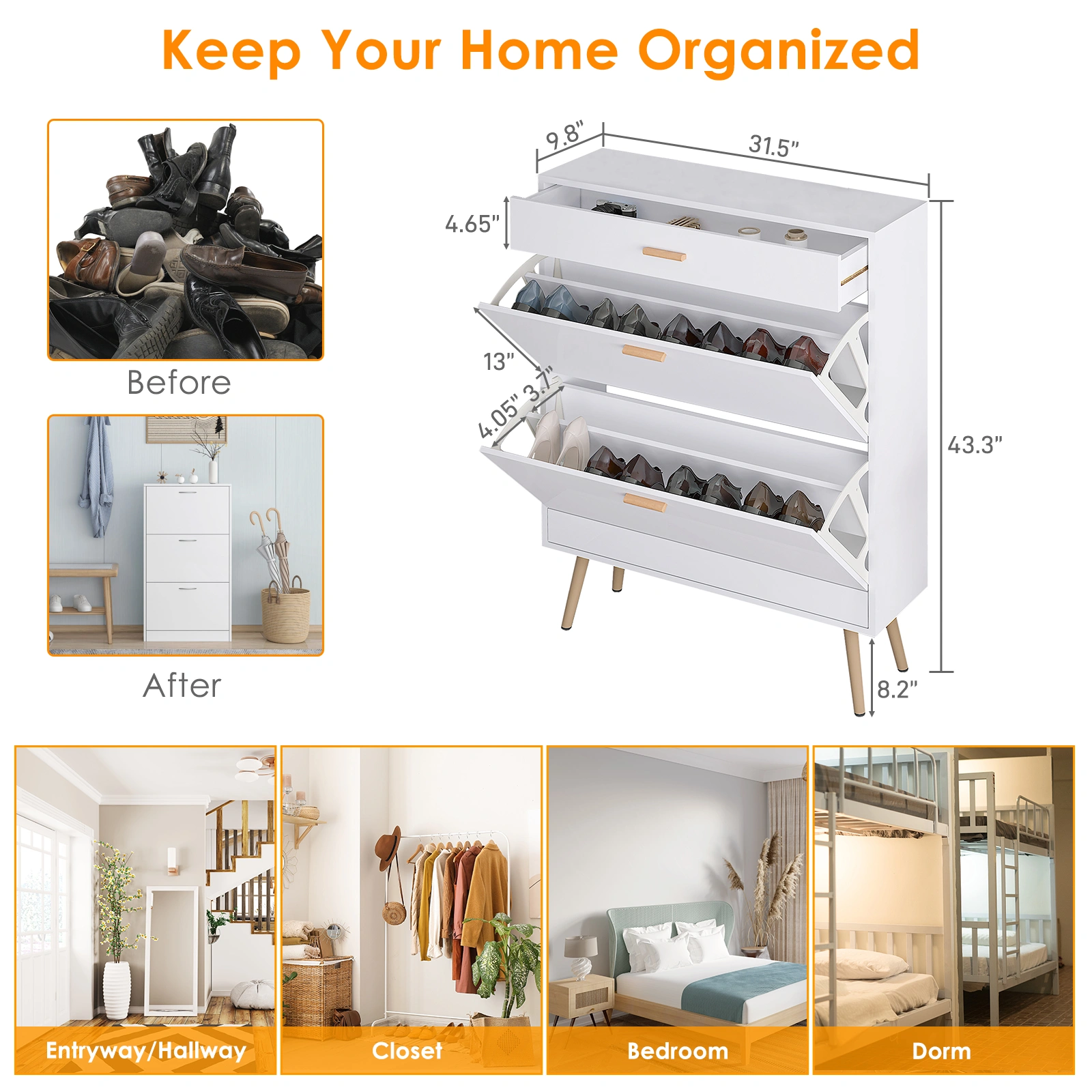 Shoe Cabinet, 16 Pair Shoe Rack Storage Organizer with 2 Flip Drawers, White Entryway Shoe Storage Cabinet for Heels, Boots, Slippers (White) view 10