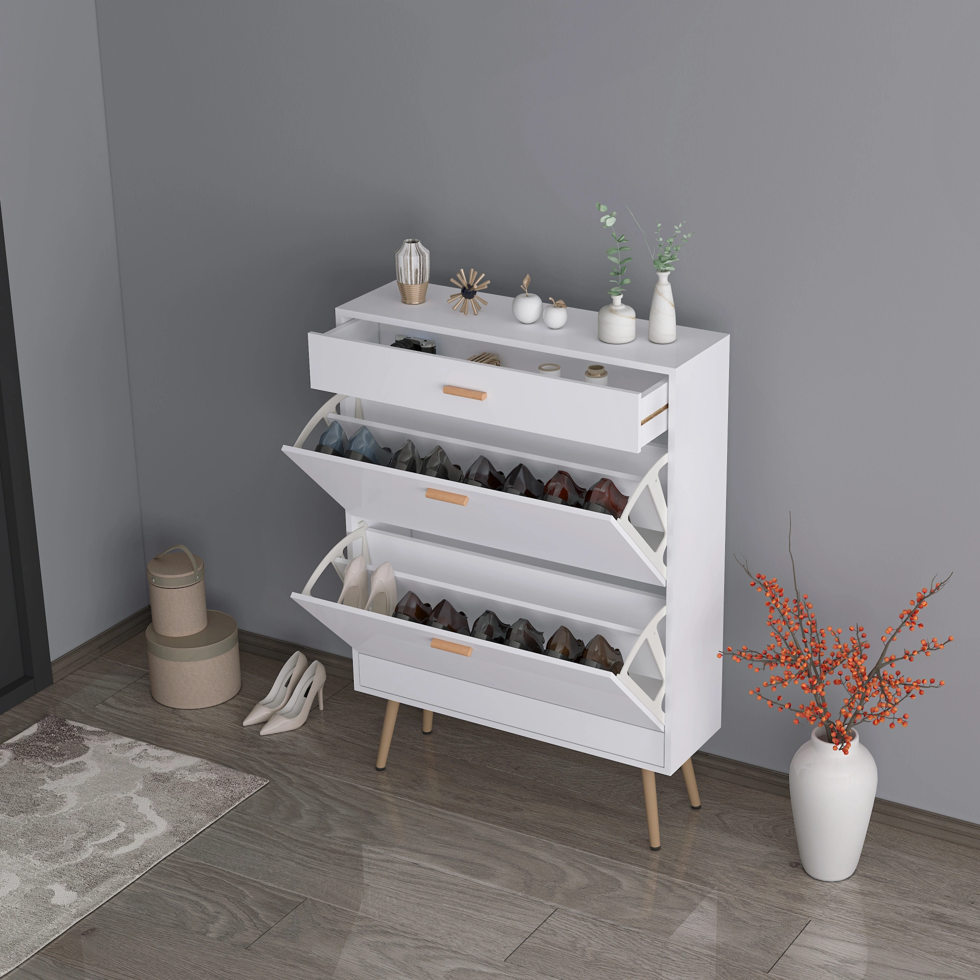 Shoe Cabinet, 16 Pair Shoe Rack Storage Organizer with 2 Flip Drawers, White Entryway Shoe Storage Cabinet for Heels, Boots, Slippers (White) view 4