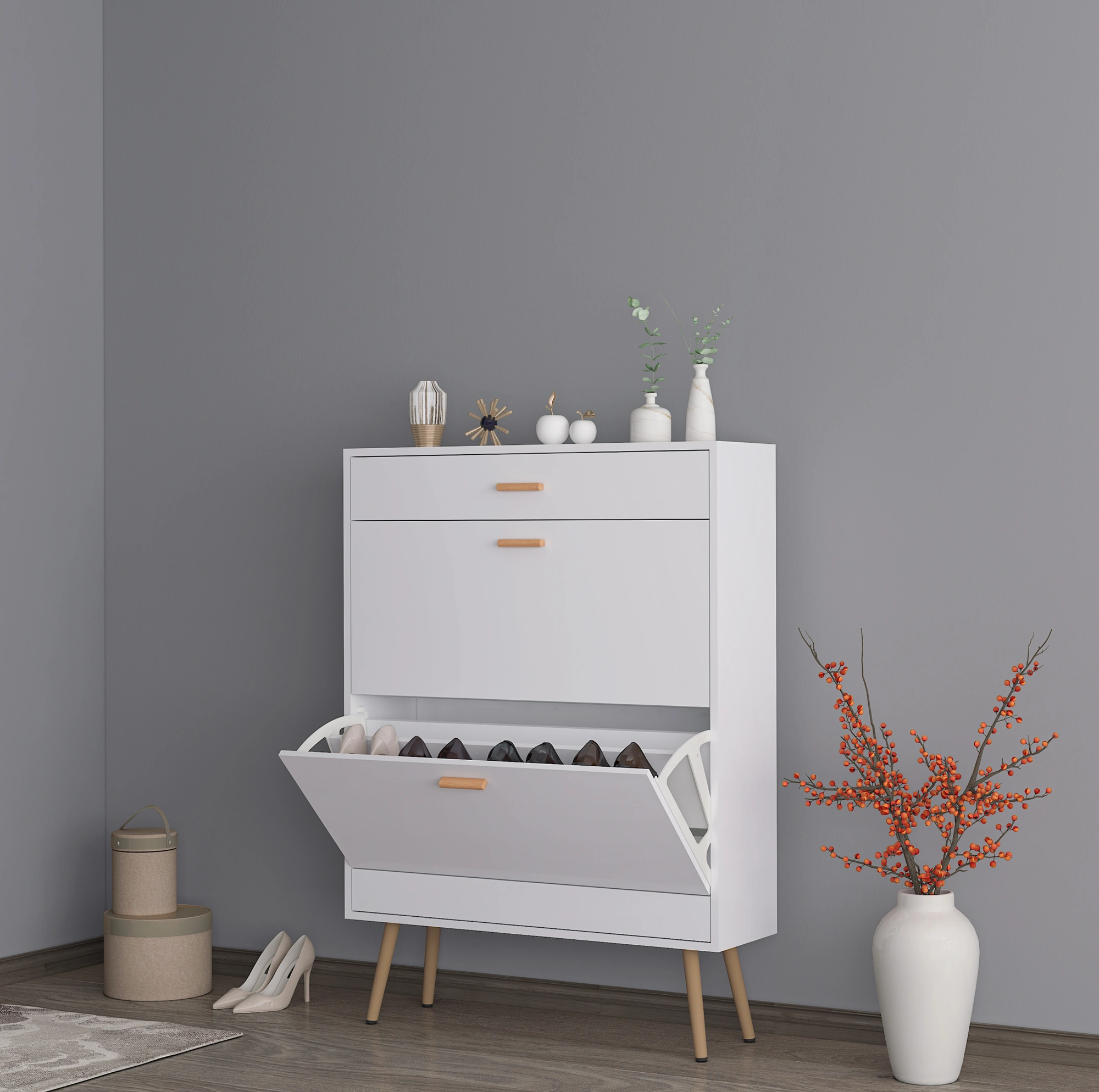 Shoe Cabinet, 16 Pair Shoe Rack Storage Organizer with 2 Flip Drawers, White Entryway Shoe Storage Cabinet for Heels, Boots, Slippers (White) view 8