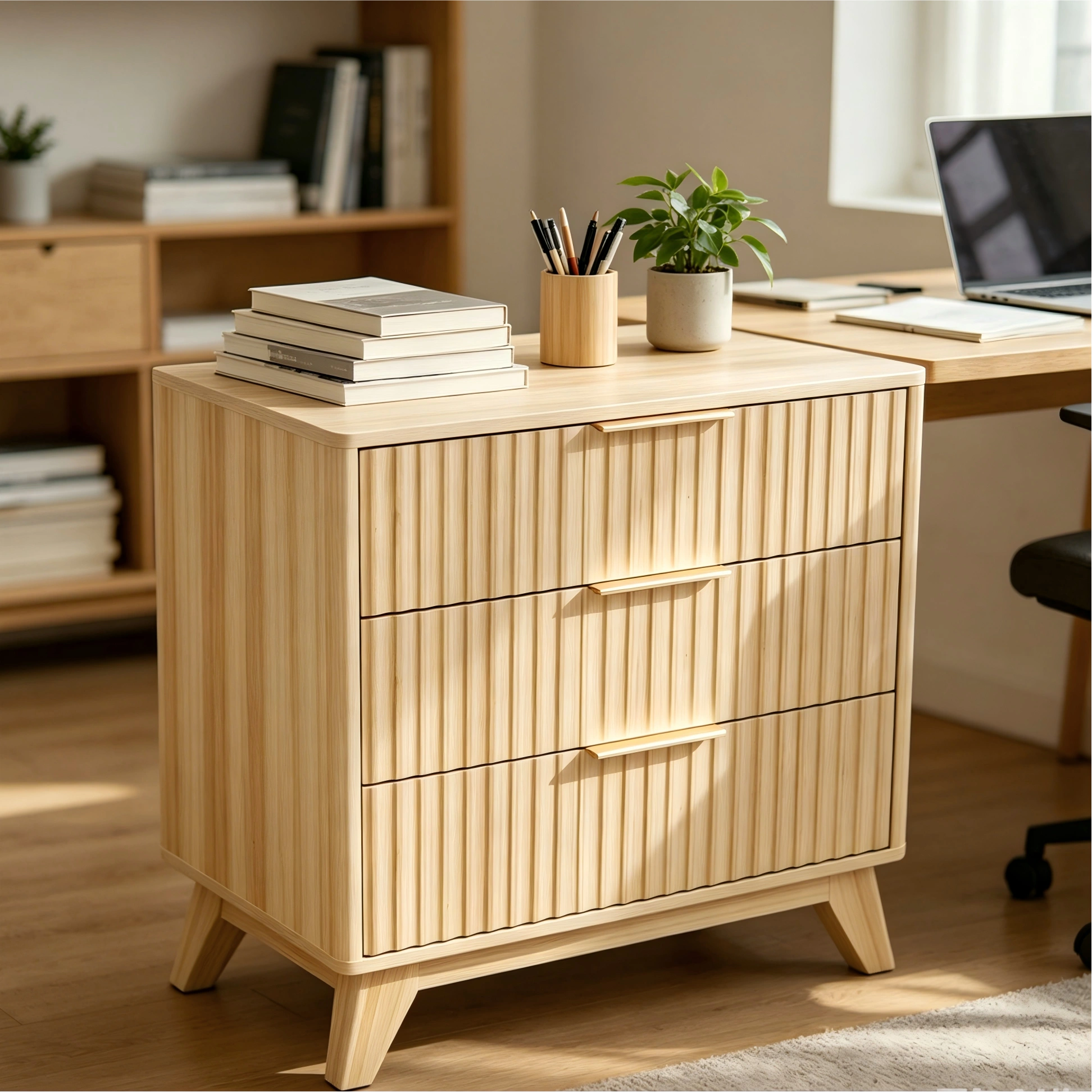 3-Drawer Cabinet with Slatted Fronts 31.5"*15.6"*29.72" Chest of Drawers Nightstand Oak