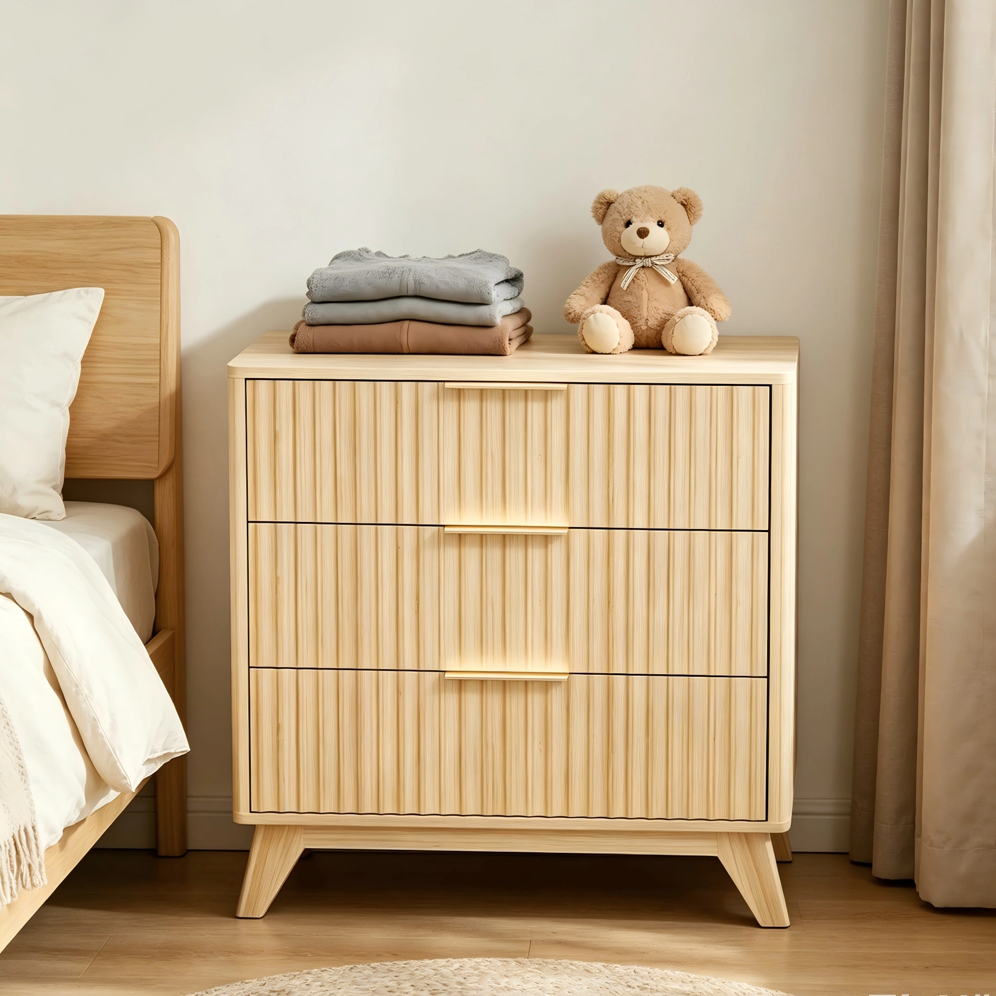 3-Drawer Cabinet with Slatted Fronts 31.5"*15.6"*29.72" Chest of Drawers Nightstand Oak view 11