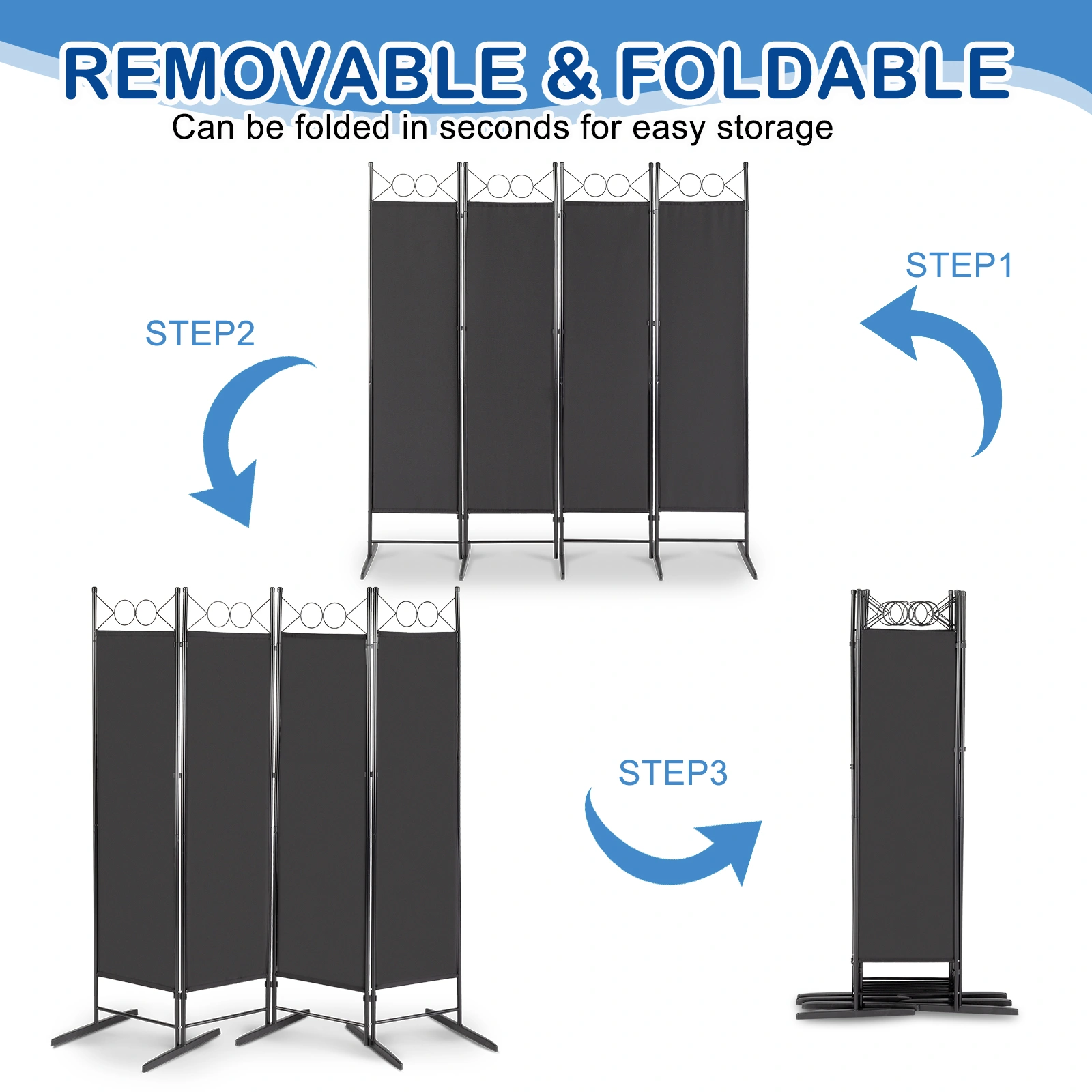 5.74FT 4-Fold Top With Shape 160g Polyester Cloth Plastic Feet Carbon Steel Frame Foldable Screen Black view 2