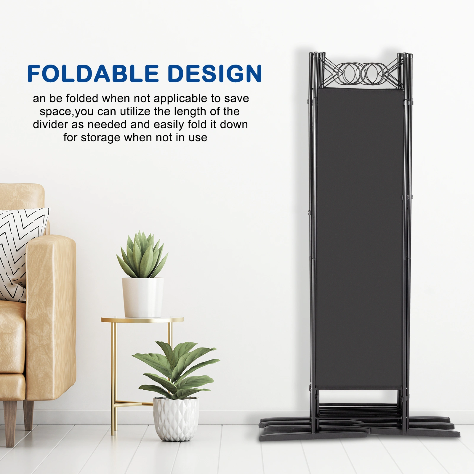 5.74FT 4-Fold Top With Shape 160g Polyester Cloth Plastic Feet Carbon Steel Frame Foldable Screen Black view 3