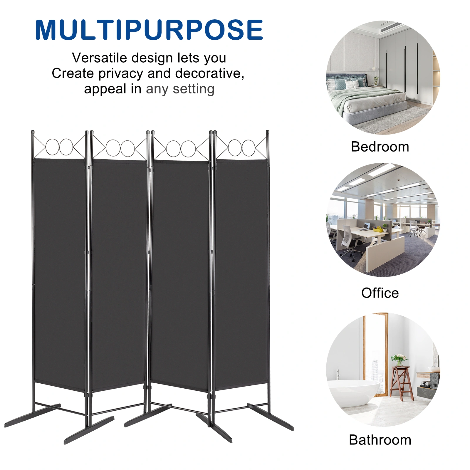5.74FT 4-Fold Top With Shape 160g Polyester Cloth Plastic Feet Carbon Steel Frame Foldable Screen Black view 4