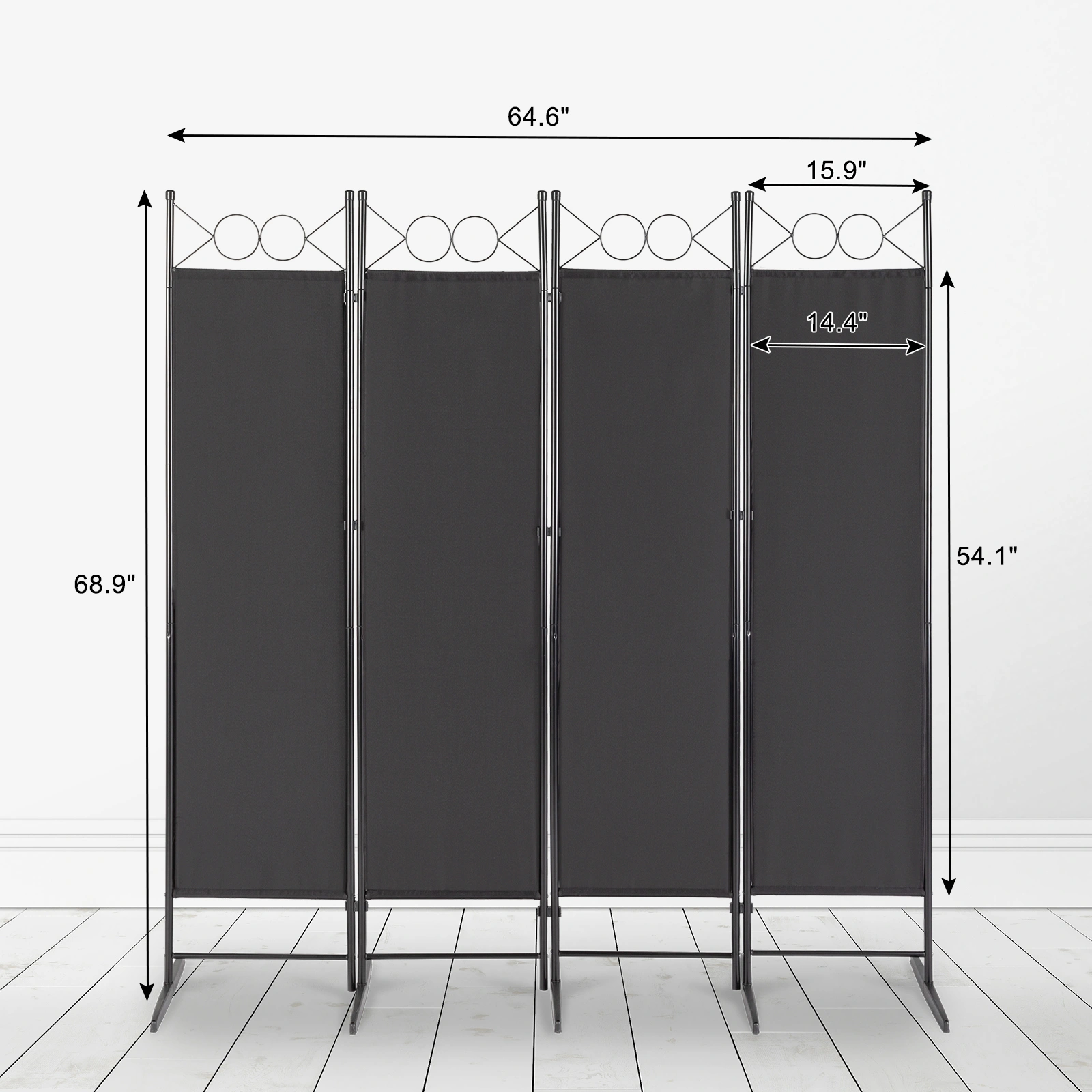 5.74FT 4-Fold Top With Shape 160g Polyester Cloth Plastic Feet Carbon Steel Frame Foldable Screen Black view 5
