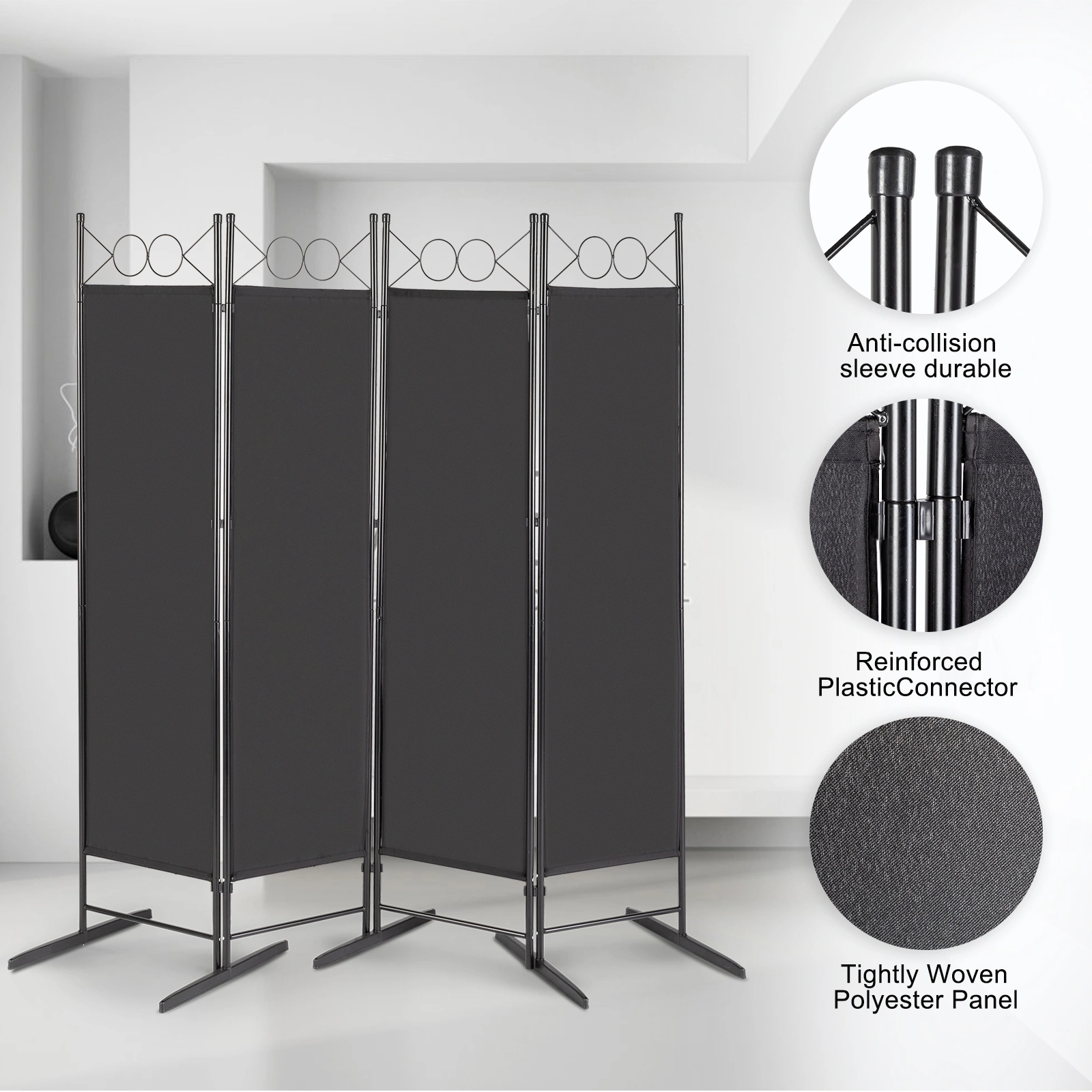 5.74FT 4-Fold Top With Shape 160g Polyester Cloth Plastic Feet Carbon Steel Frame Foldable Screen Black view 9